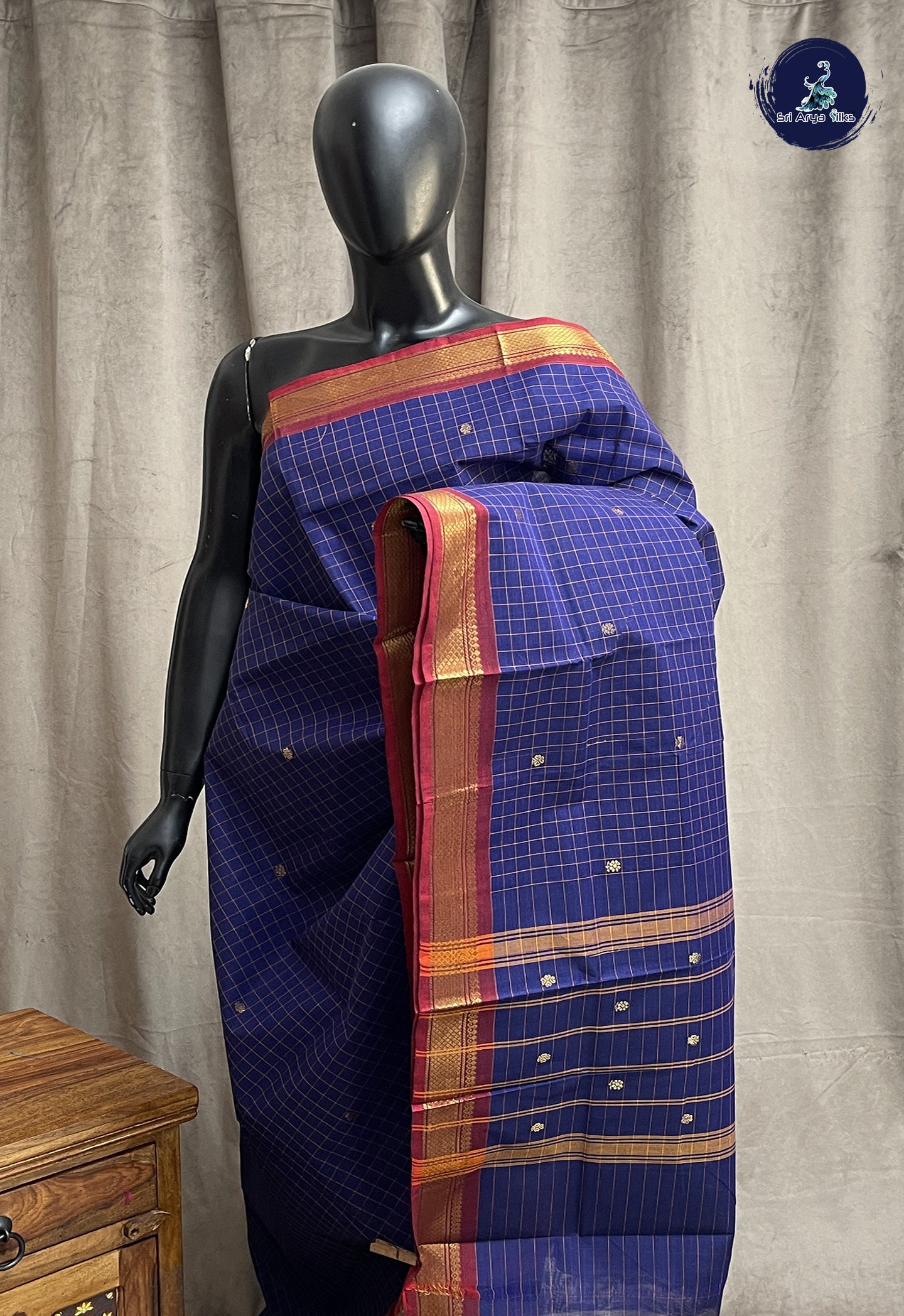 Dark Blue Chettinad Cotton Saree With Checked Pattern