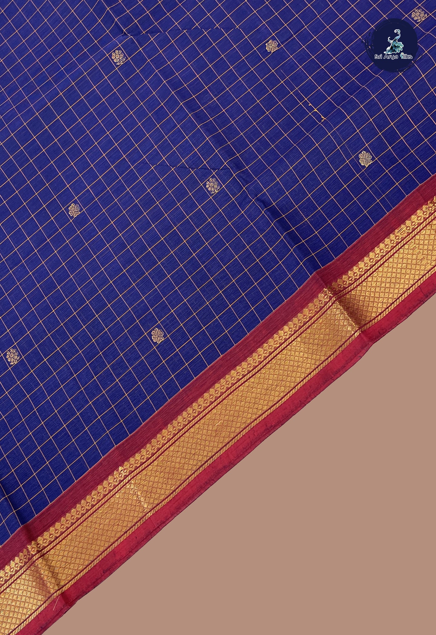 Dark Blue Chettinad Cotton Saree With Checked Pattern