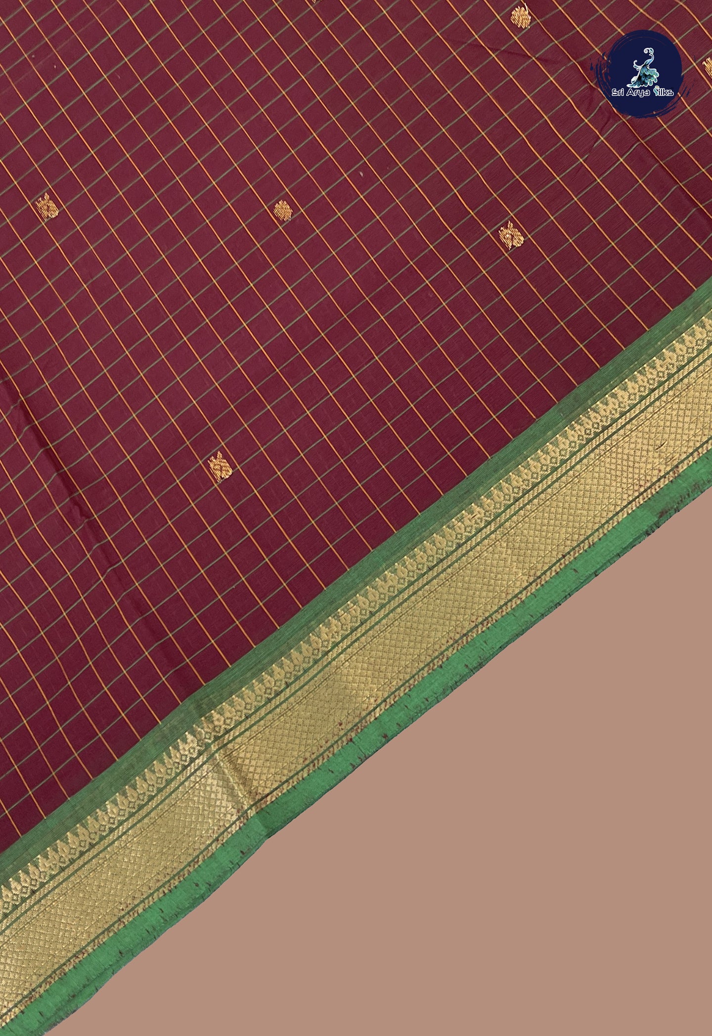 Brown Chettinad Cotton Saree With Checked Pattern