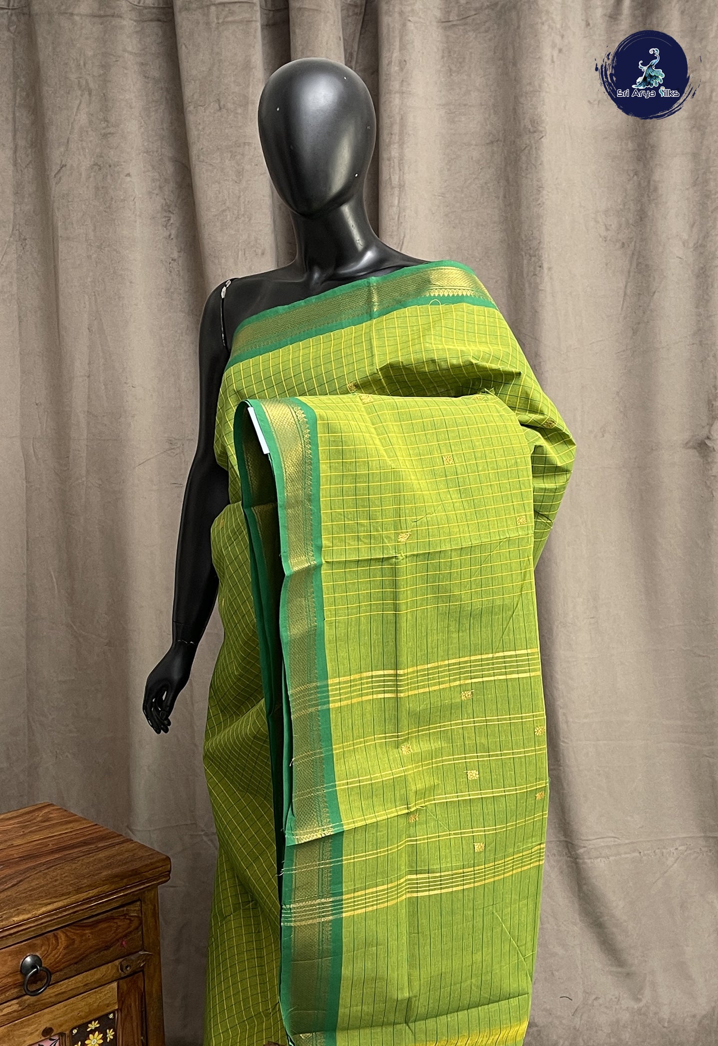 Light Green Chettinad Cotton Saree With Checked Pattern