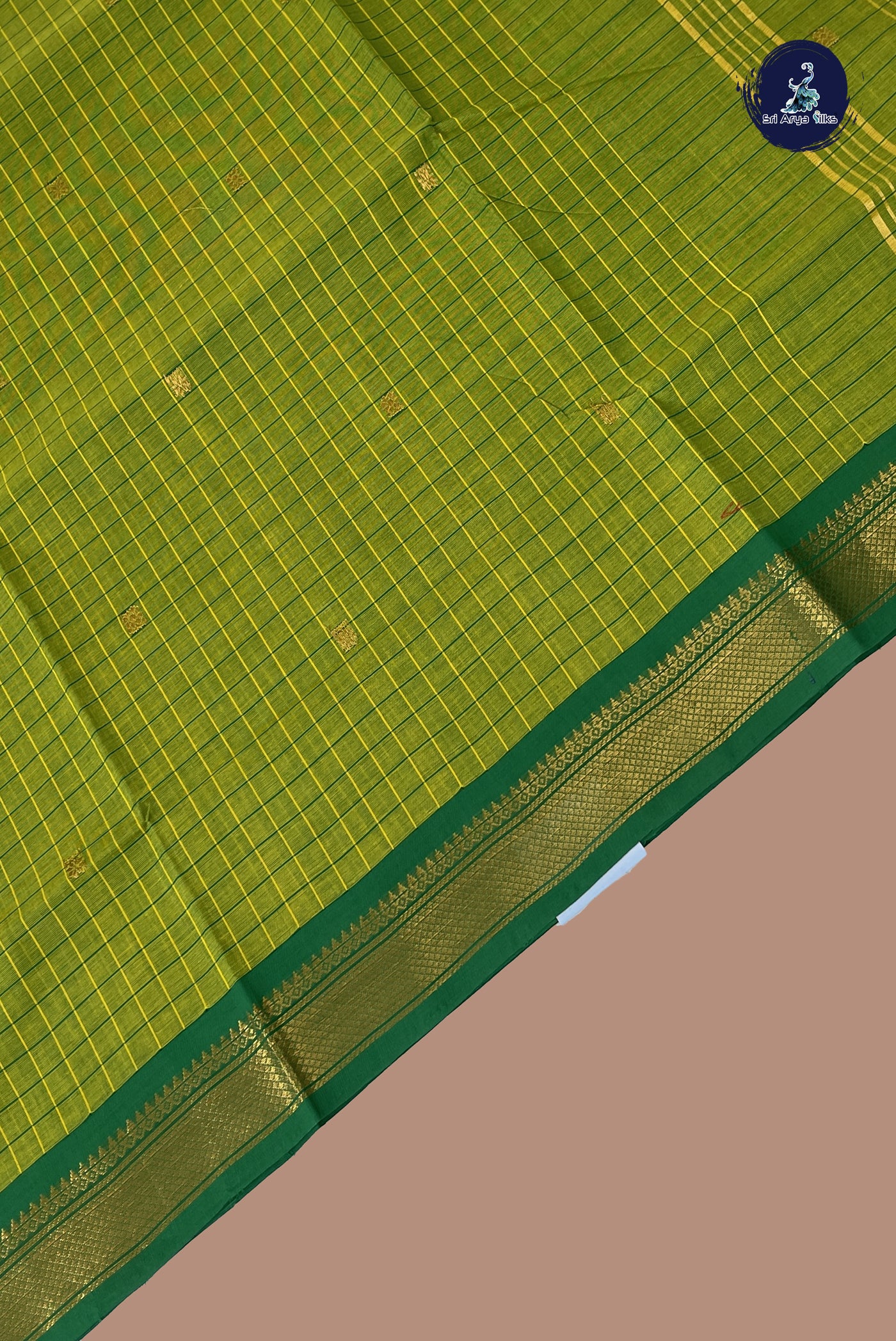 Light Green Chettinad Cotton Saree With Checked Pattern