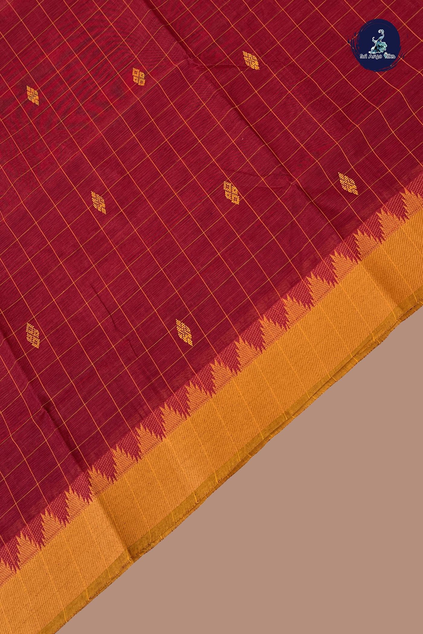 Maroon Chettinad Cotton Saree With Checked Pattern