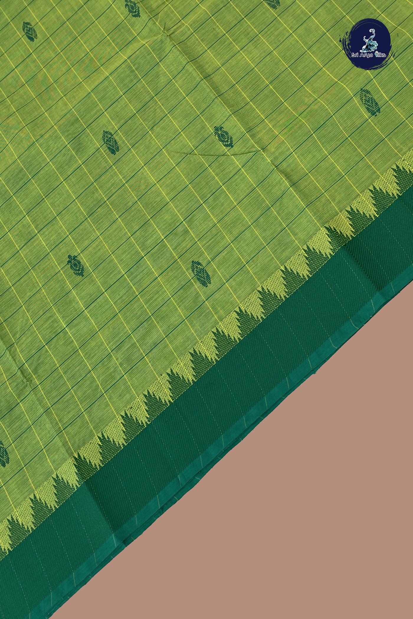 Light Green Chettinad Cotton Saree With Checked Pattern