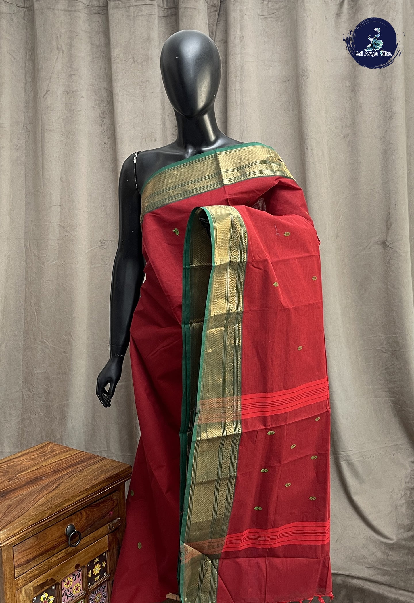 Maroon Chettinad Cotton Saree With Buttas Pattern