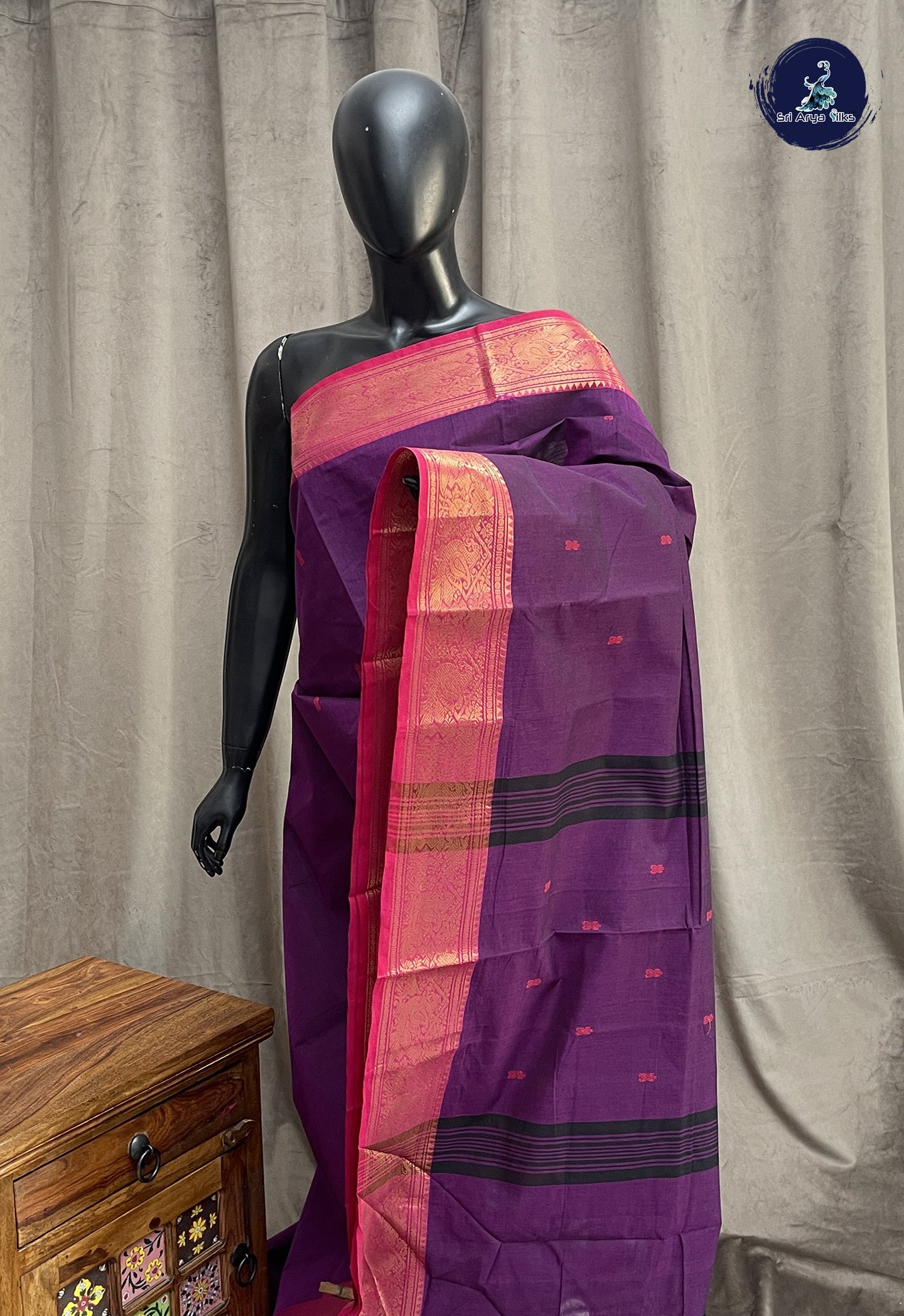Dark Brinjal Chettinad Cotton Saree With Buttas Pattern