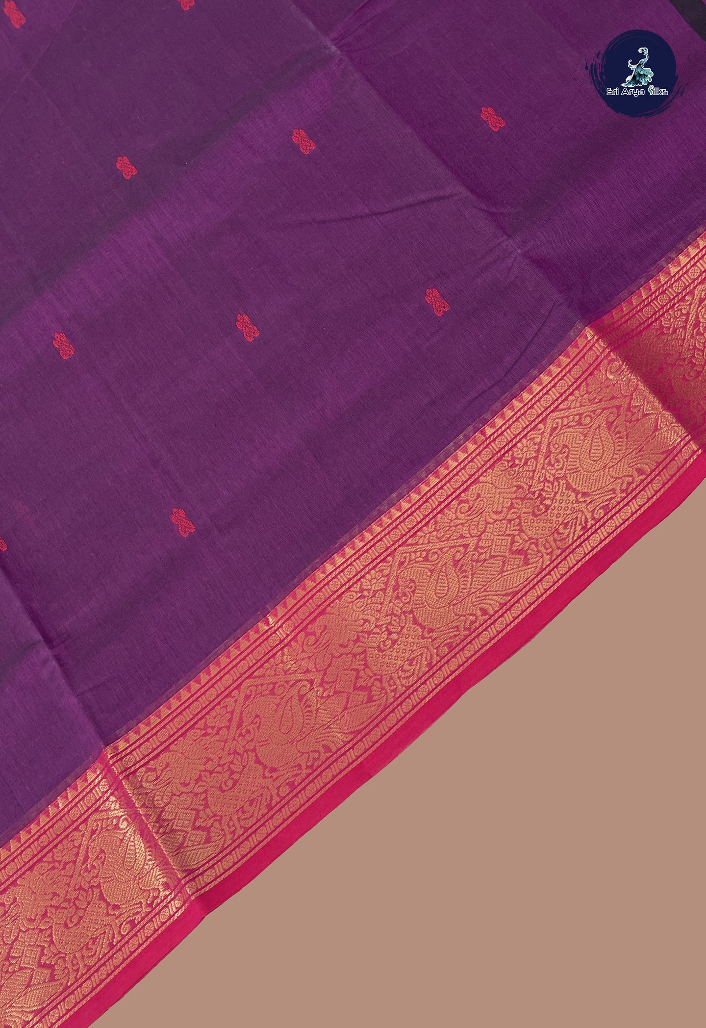 Dark Brinjal Chettinad Cotton Saree With Buttas Pattern