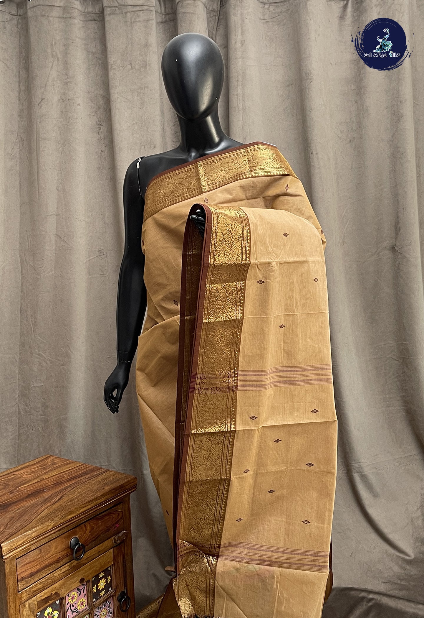 Biscuit Shade Chettinad Cotton Saree With Buttas Pattern