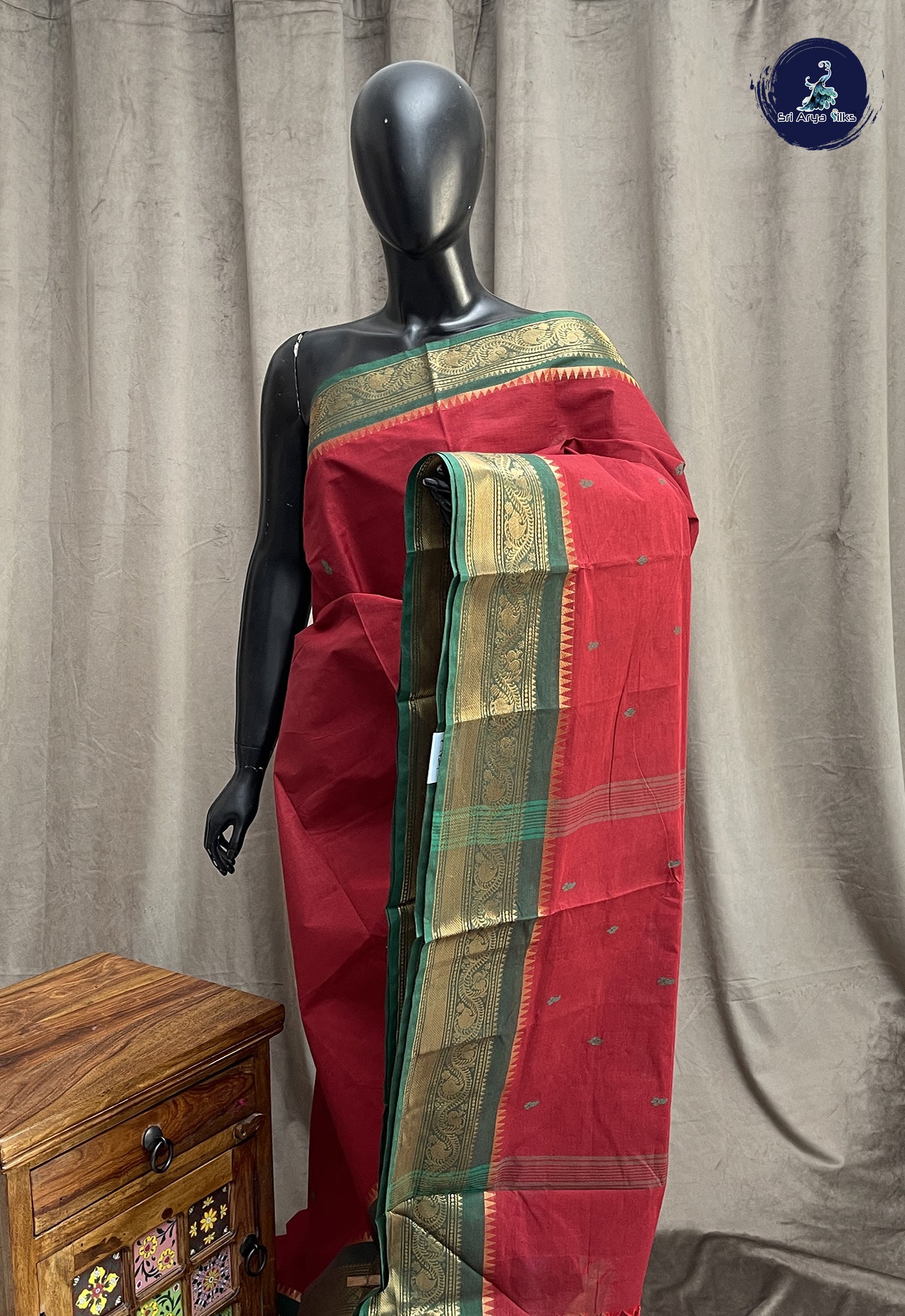 Maroon Chettinad Cotton Saree With Buttas Pattern