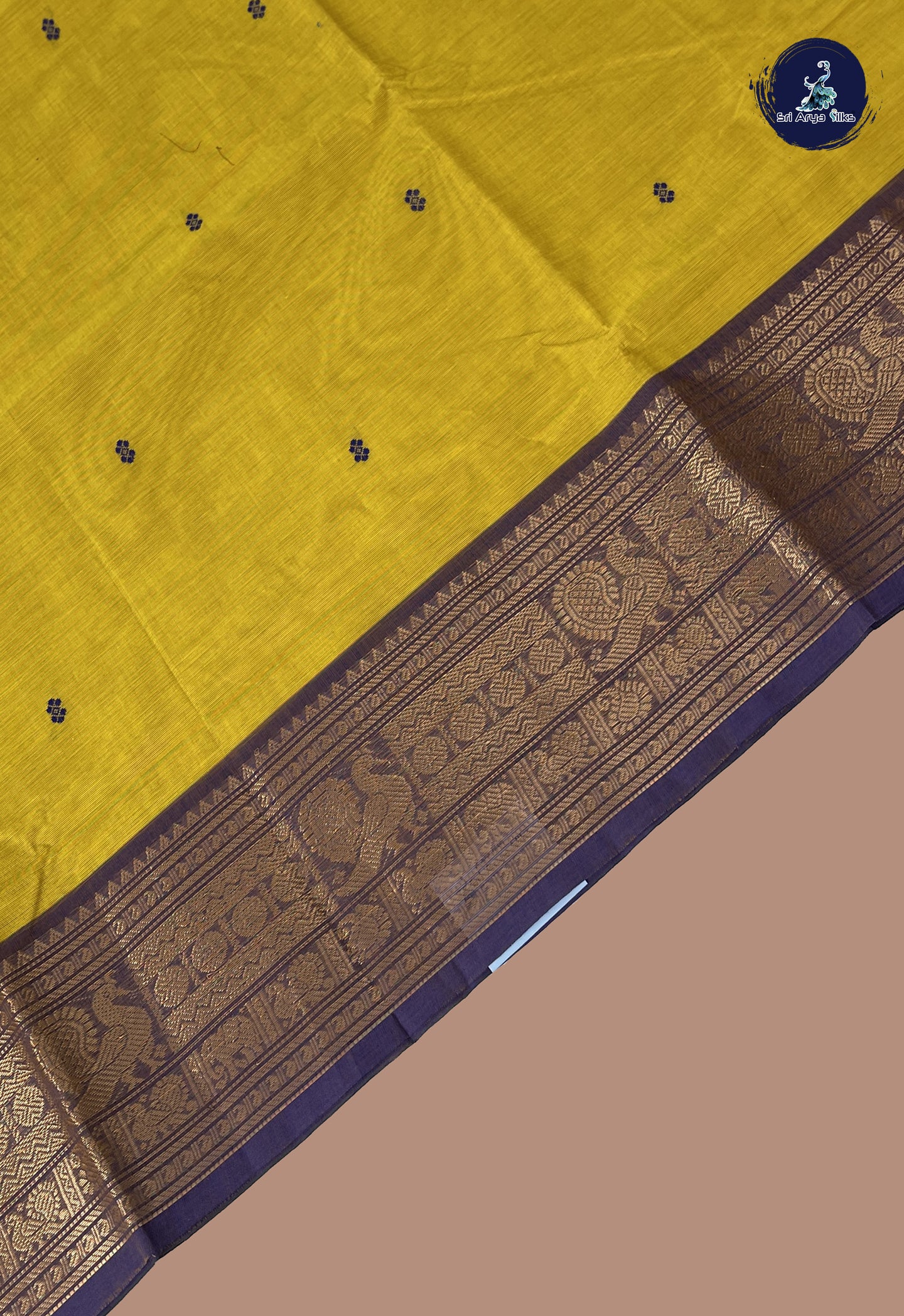 Yellow Chettinad Cotton Saree With Buttas Pattern