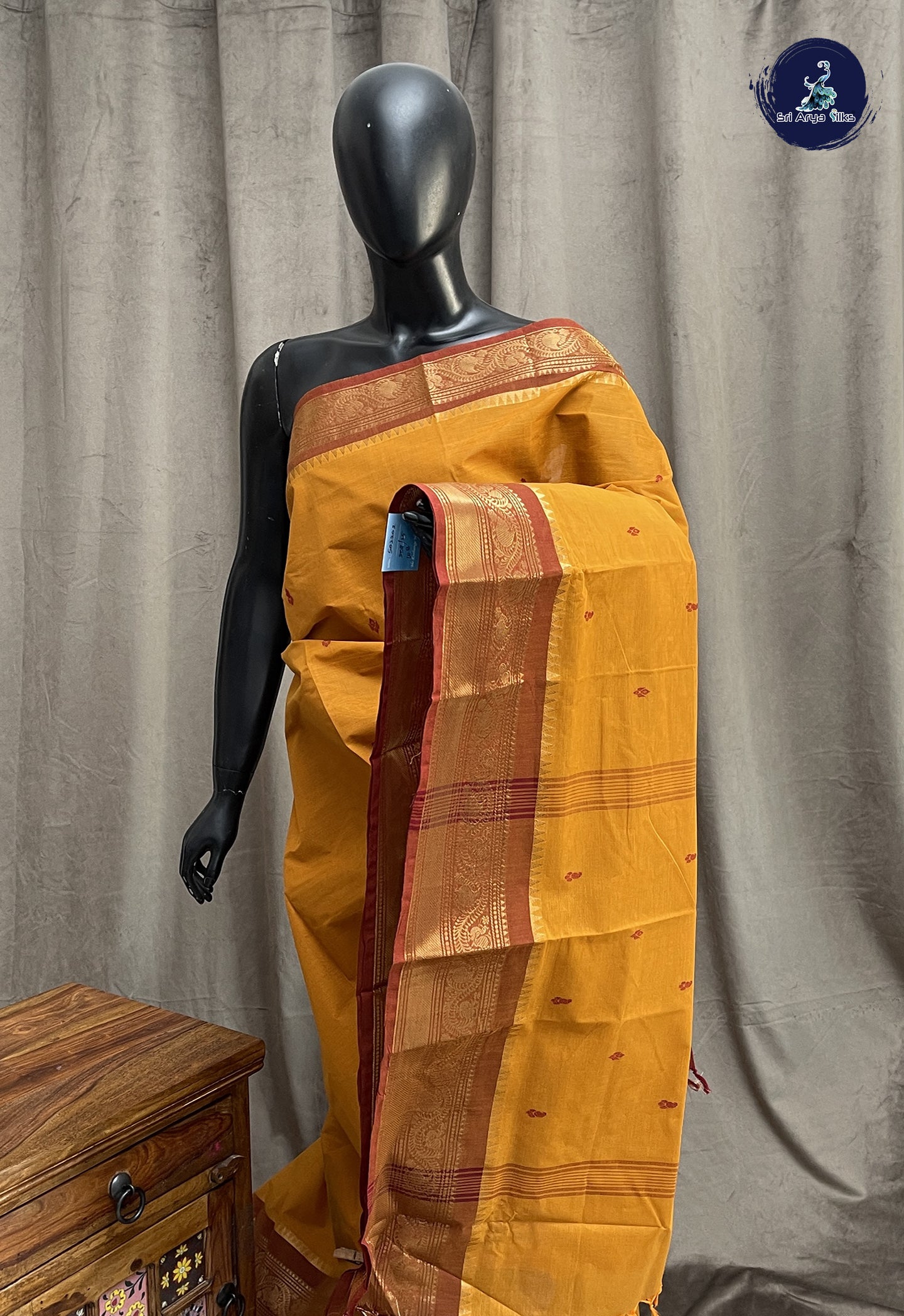 Turmeric Yellow Chettinad Cotton Saree With Buttas Pattern
