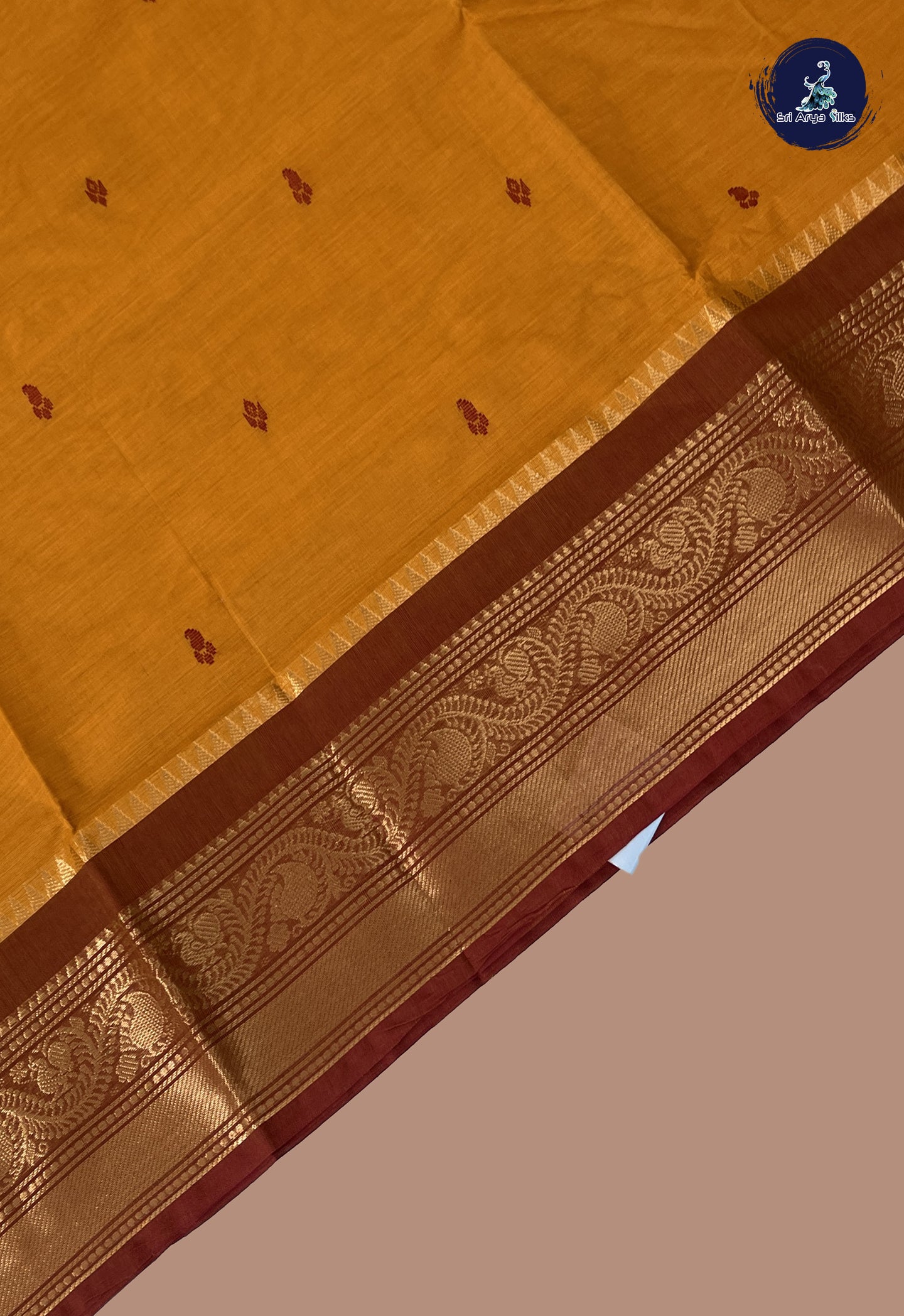 Turmeric Yellow Chettinad Cotton Saree With Buttas Pattern