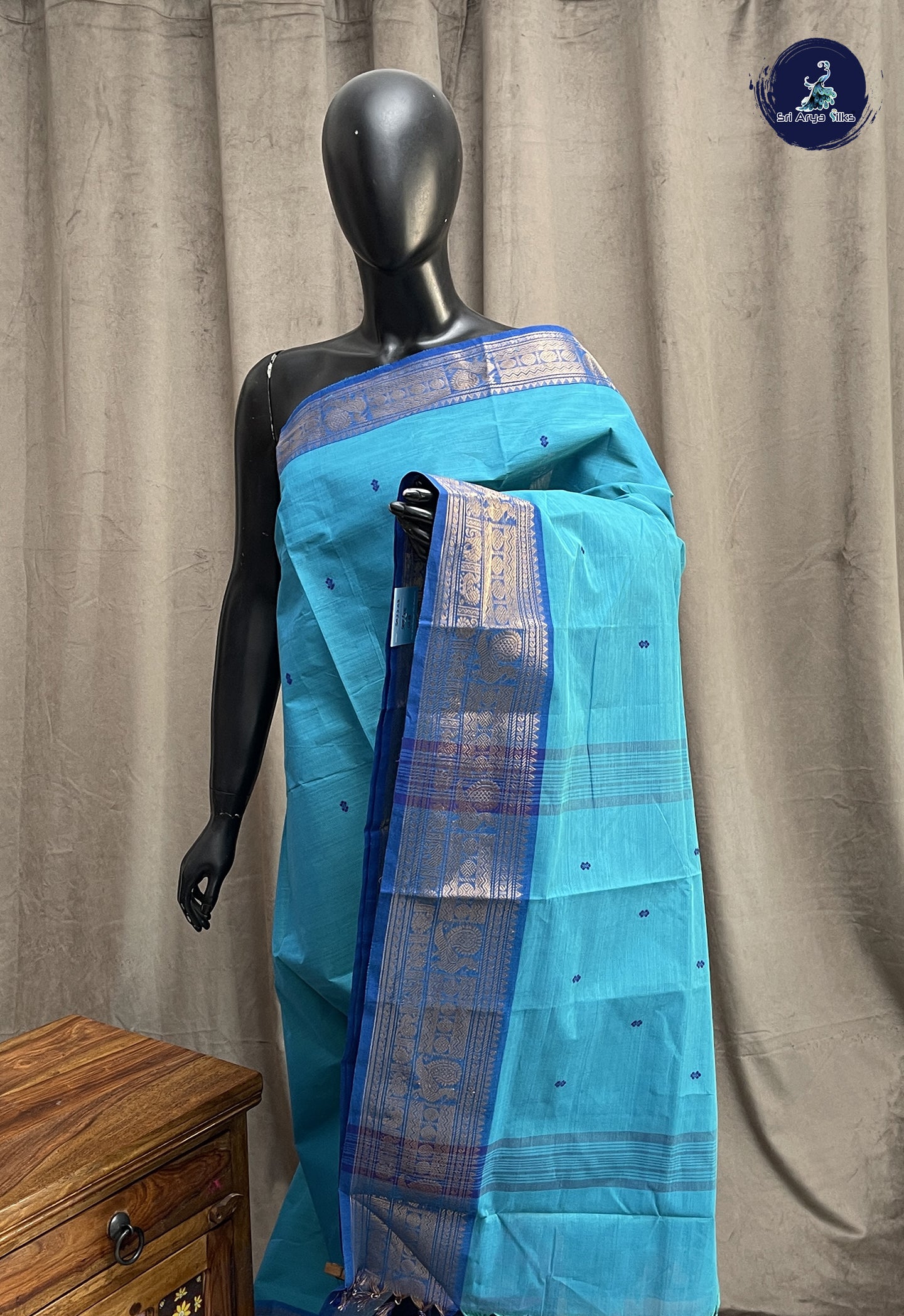Blue Chettinad Cotton Saree With Buttas Pattern