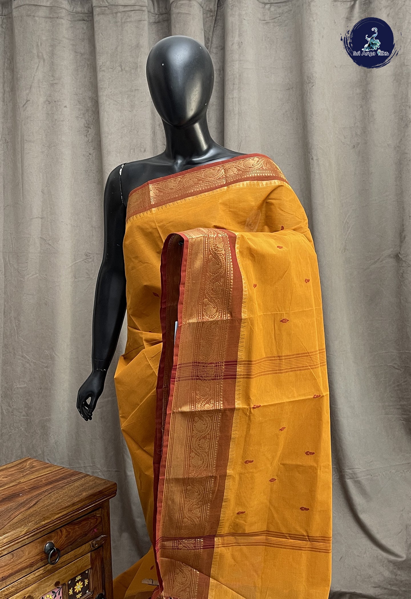 Turmeric Yellow Chettinad Cotton Saree With Buttas Pattern