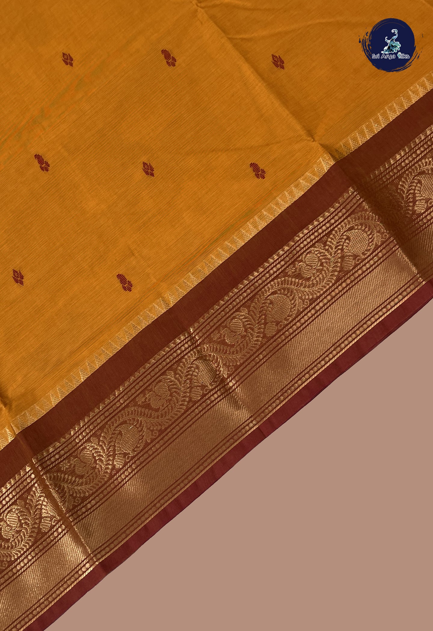 Turmeric Yellow Chettinad Cotton Saree With Buttas Pattern