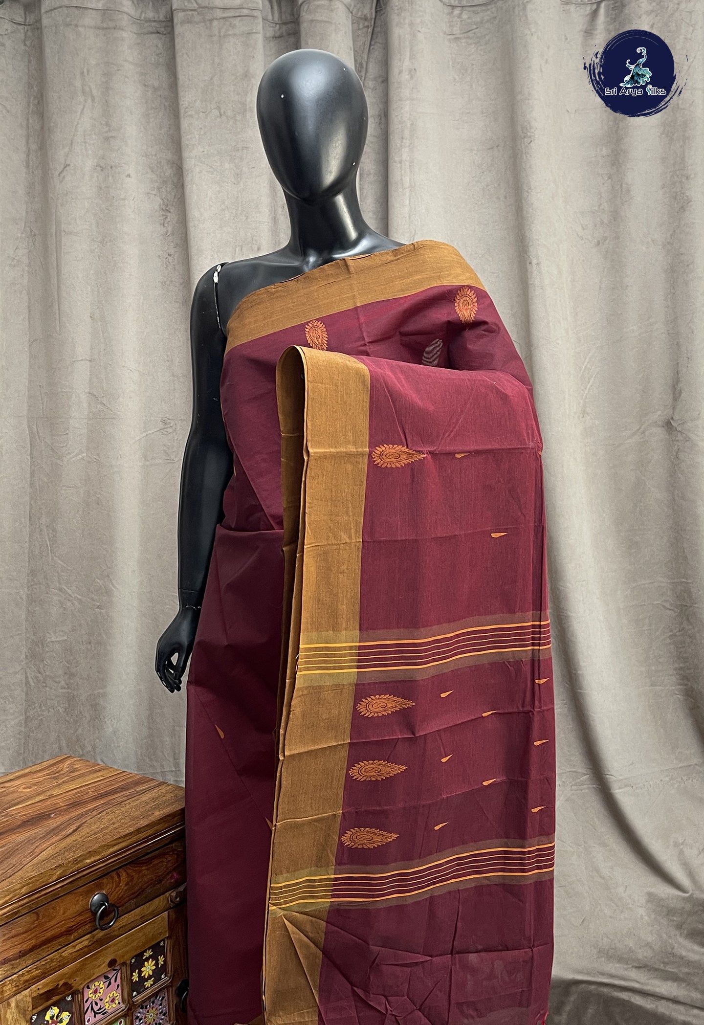 Brown Kanchi Cotton Saree With Buttas Pattern
