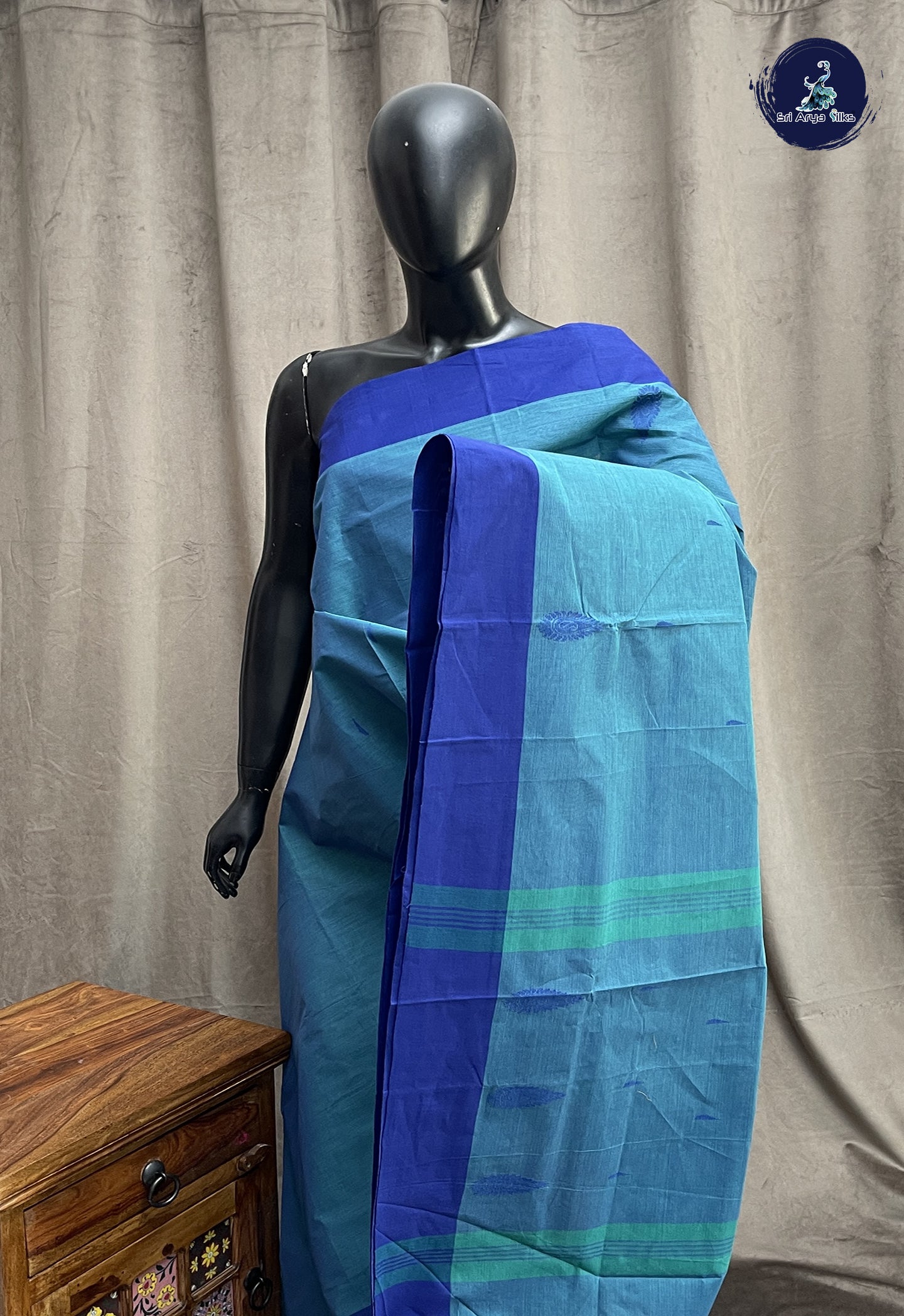Blue Kanchi Cotton Saree With Buttas Pattern