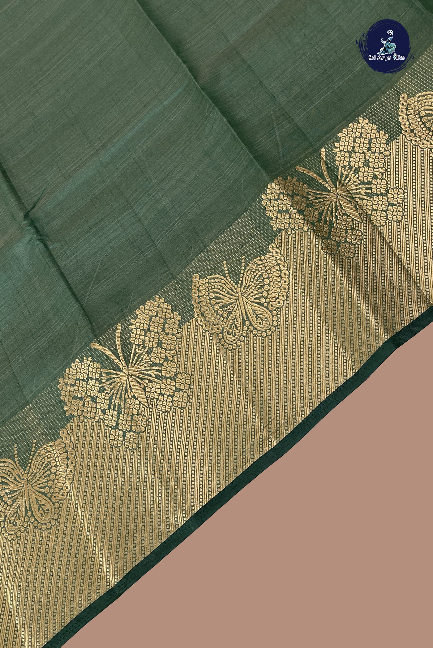 Dark Green Semi Tussar Saree With Plain Pattern