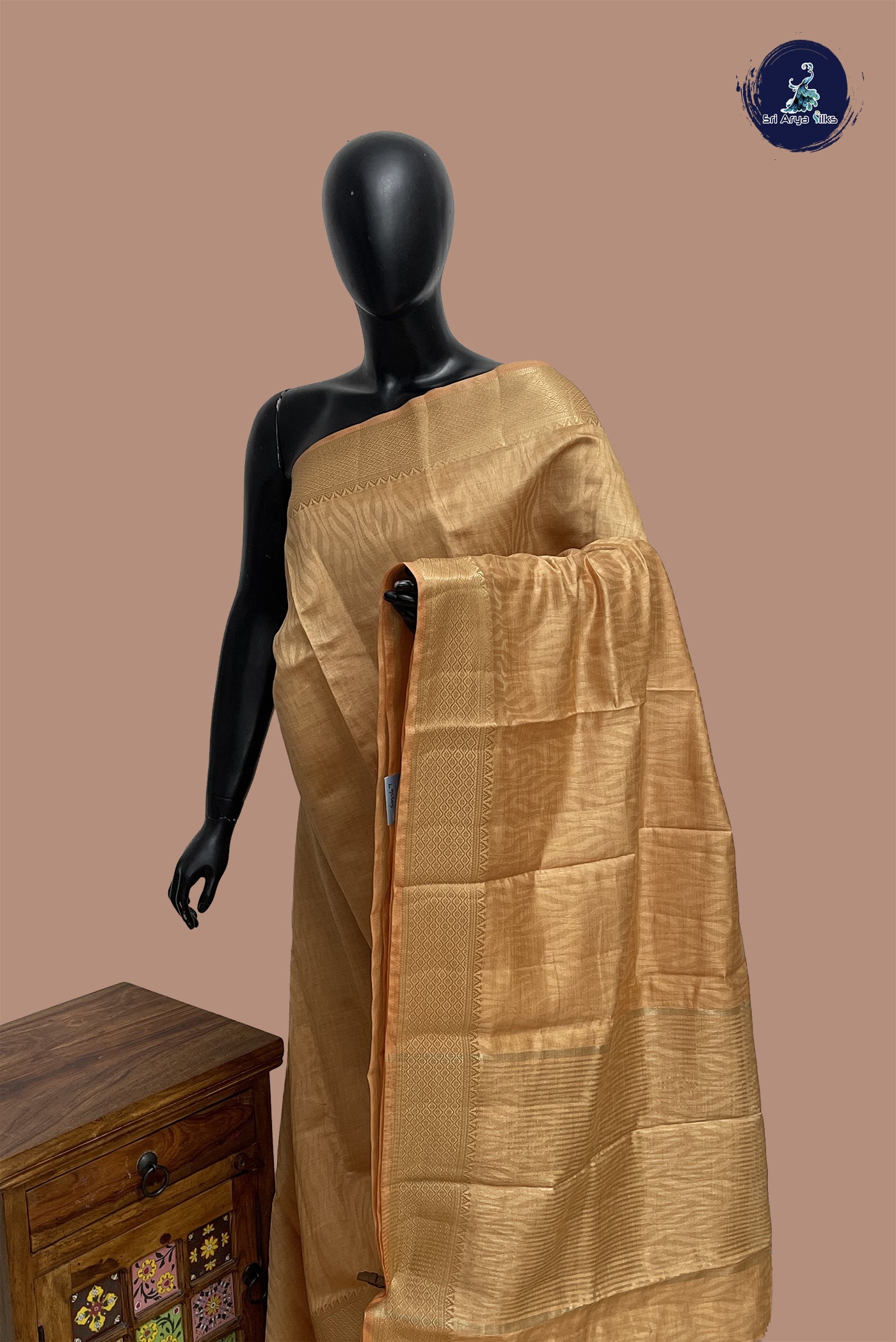 Beige Semi Tussar Saree With Embossed Pattern