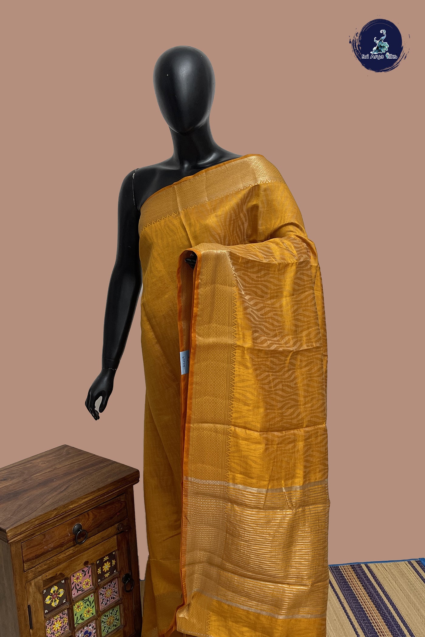Mustard Yellow Semi Tussar Saree With Embossed Pattern