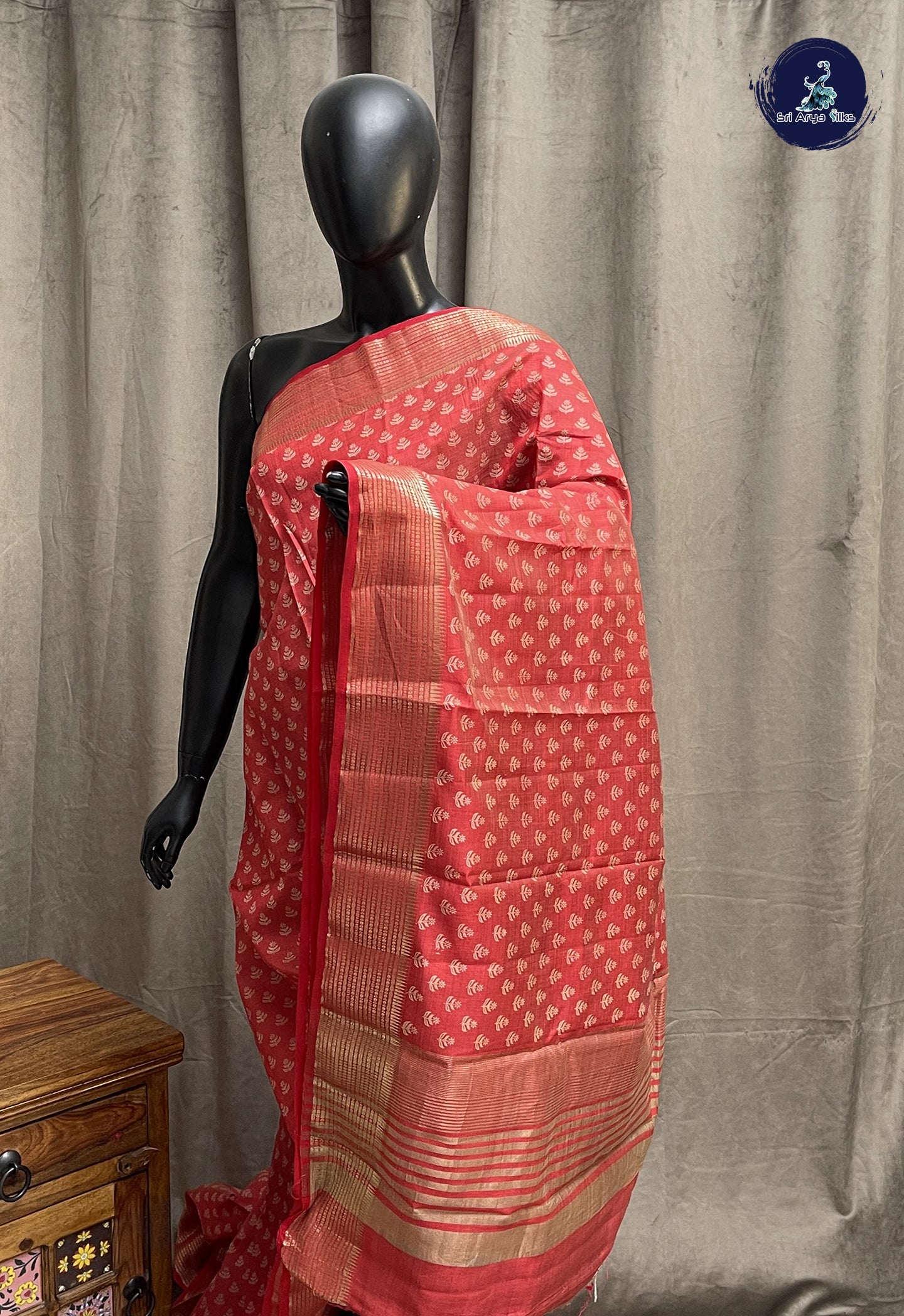 Red Semi Tussar Saree With Printed Pattern