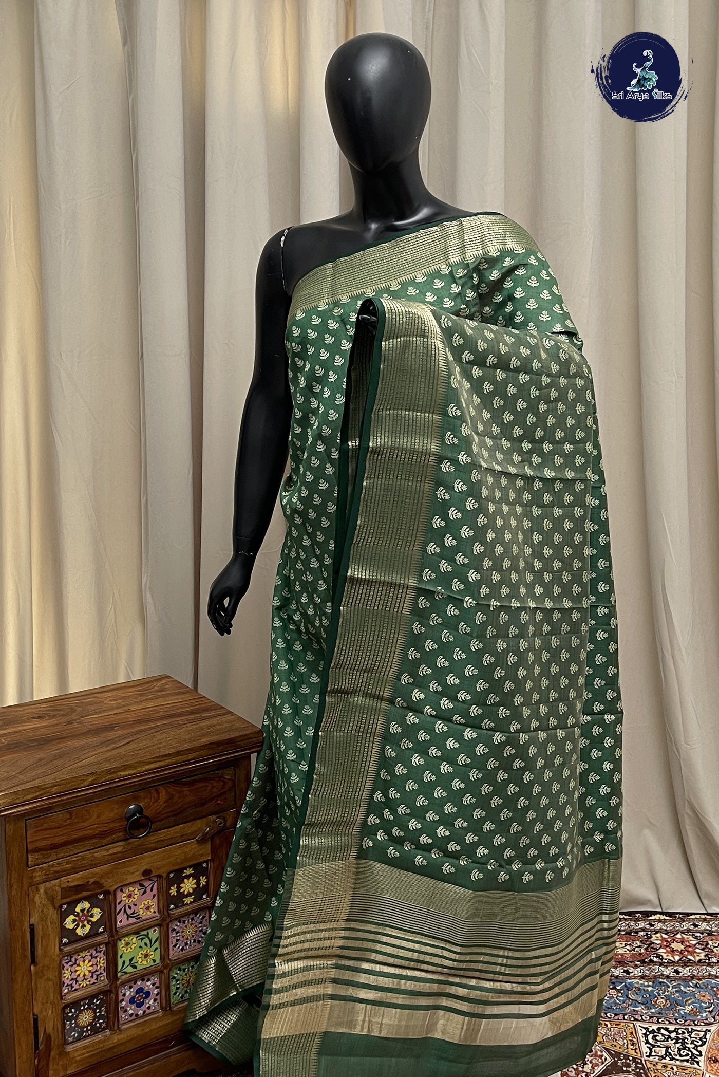 Green Semi Tussar Saree With Printed Pattern