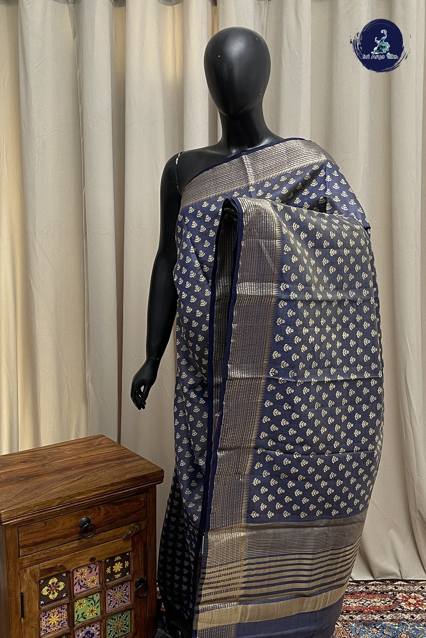 Bluish Grey Semi Tussar Saree With Printed Pattern