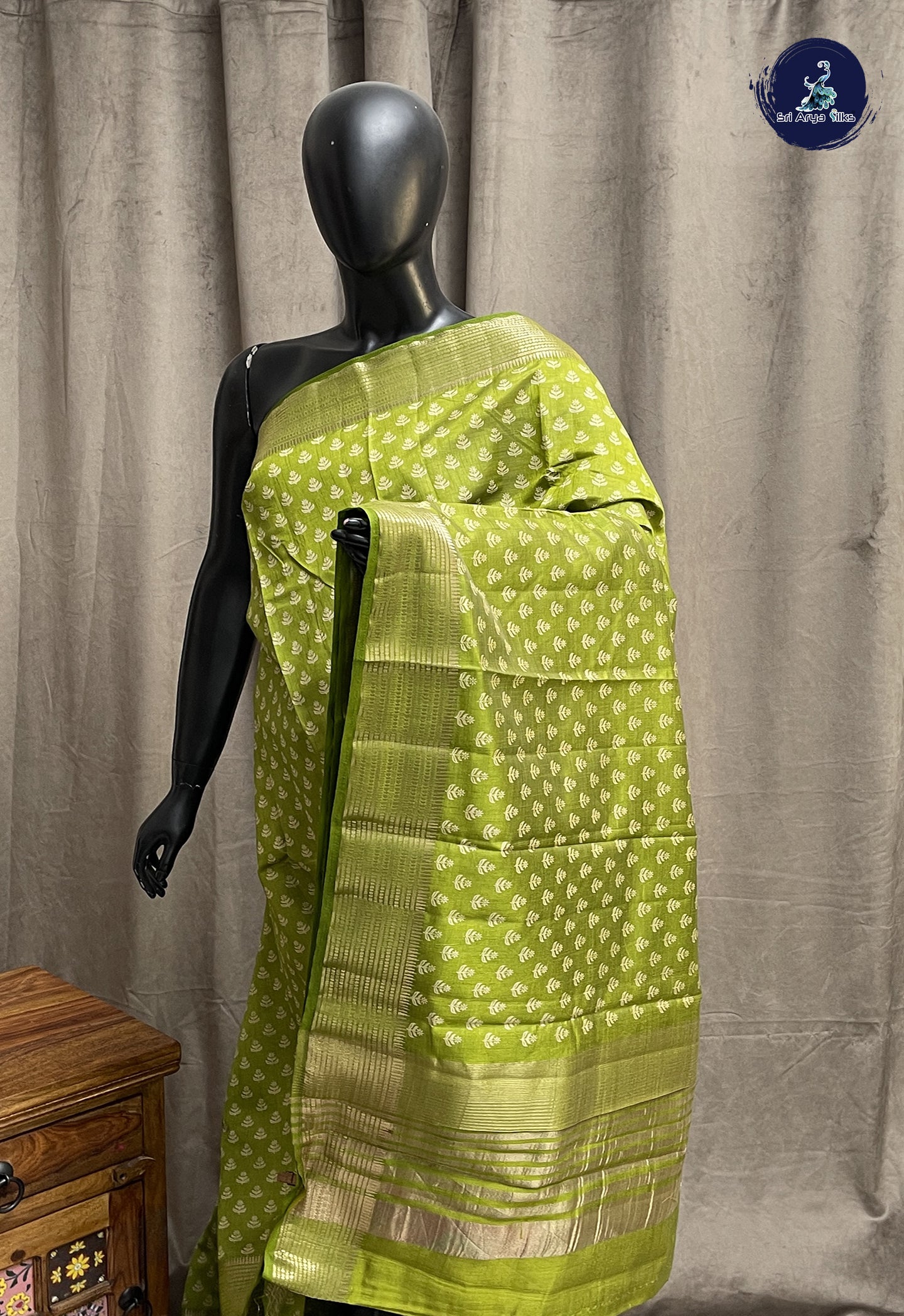 Lime Green Semi Tussar Saree With Printed Pattern