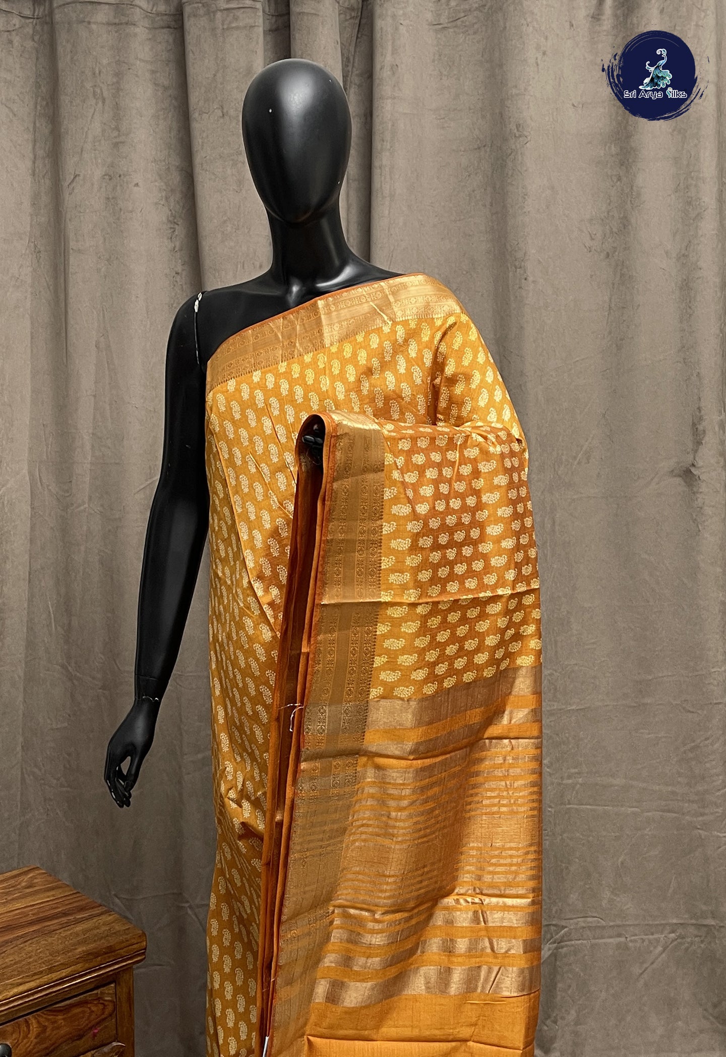 Mustard Yellow Semi Tussar Saree With Printed Pattern