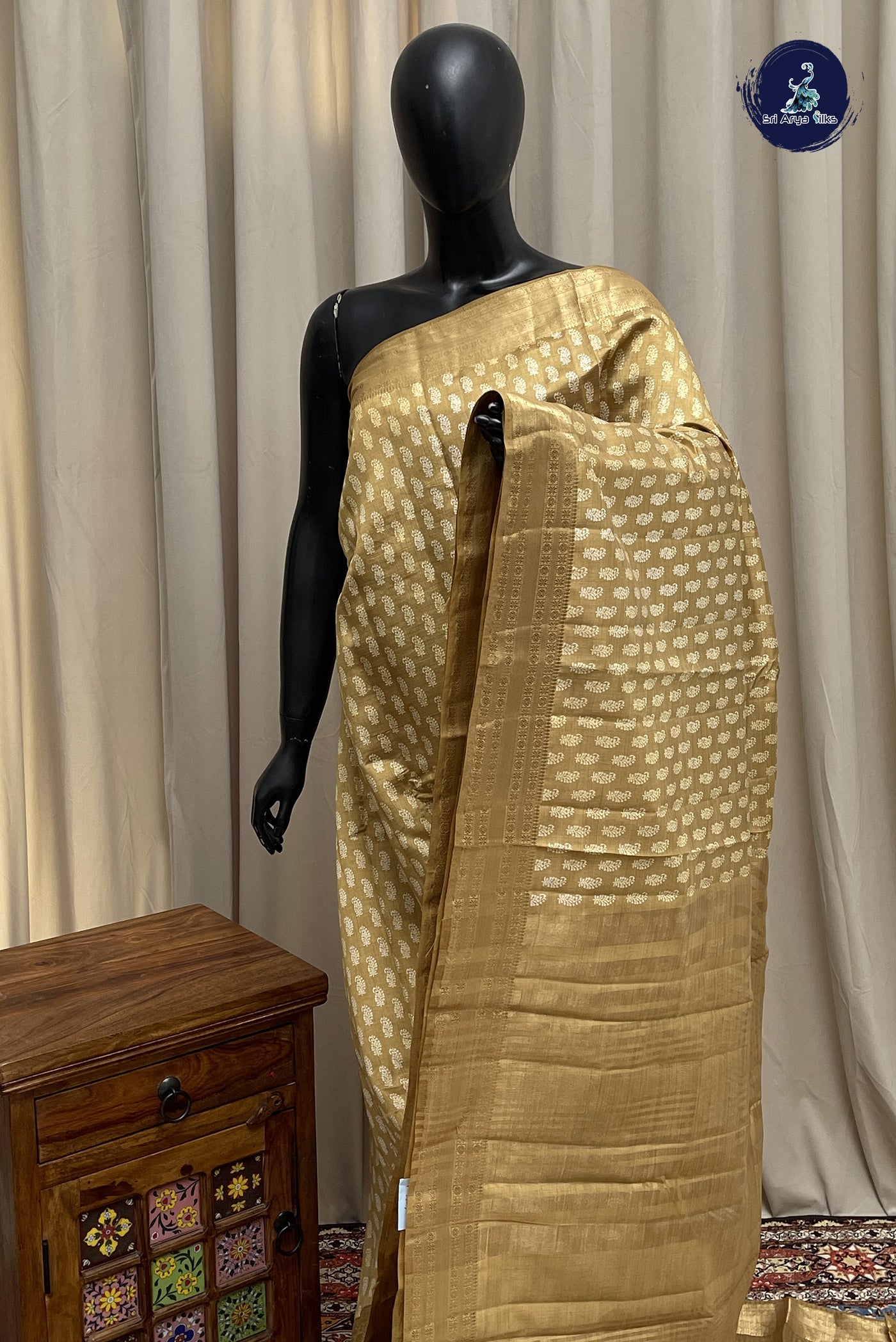 Golden Mustard Semi Tussar Saree With Printed Pattern