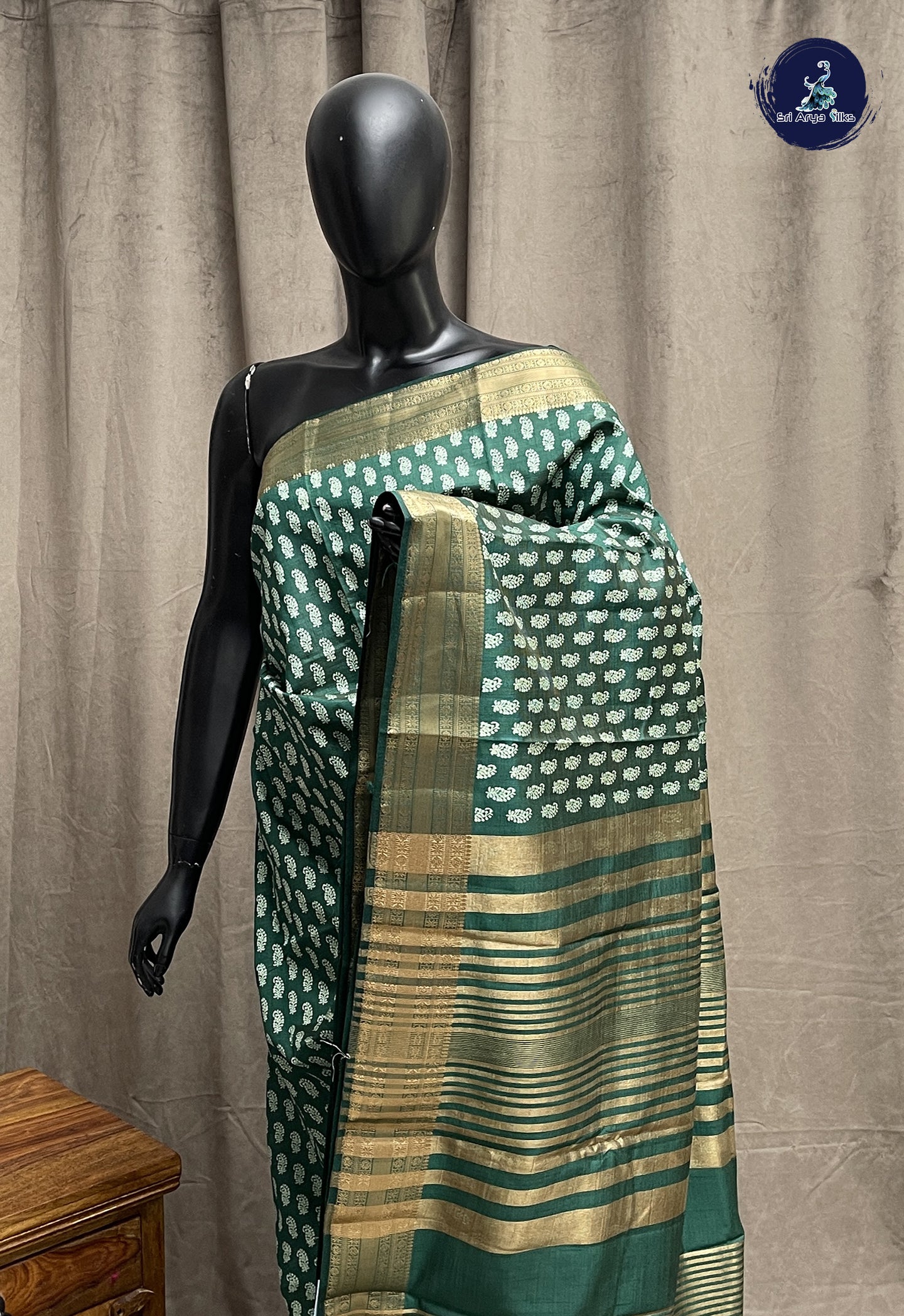 Dark Green Semi Tussar Saree With Printed Pattern