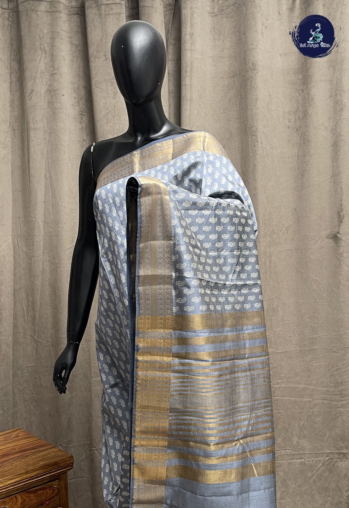 Grey Semi Tussar Saree With Printed Pattern