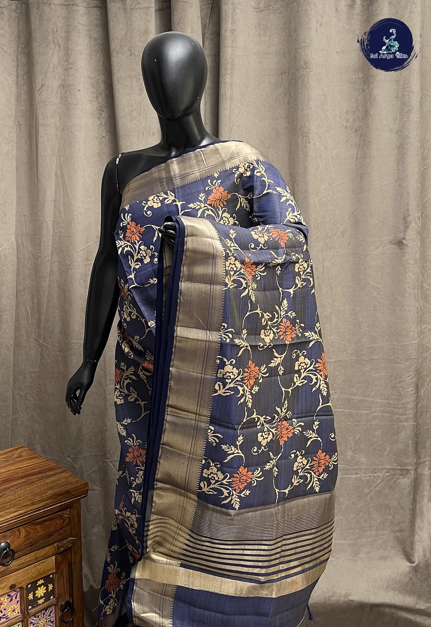 Dark Blue Semi Tussar Saree With Printed Pattern