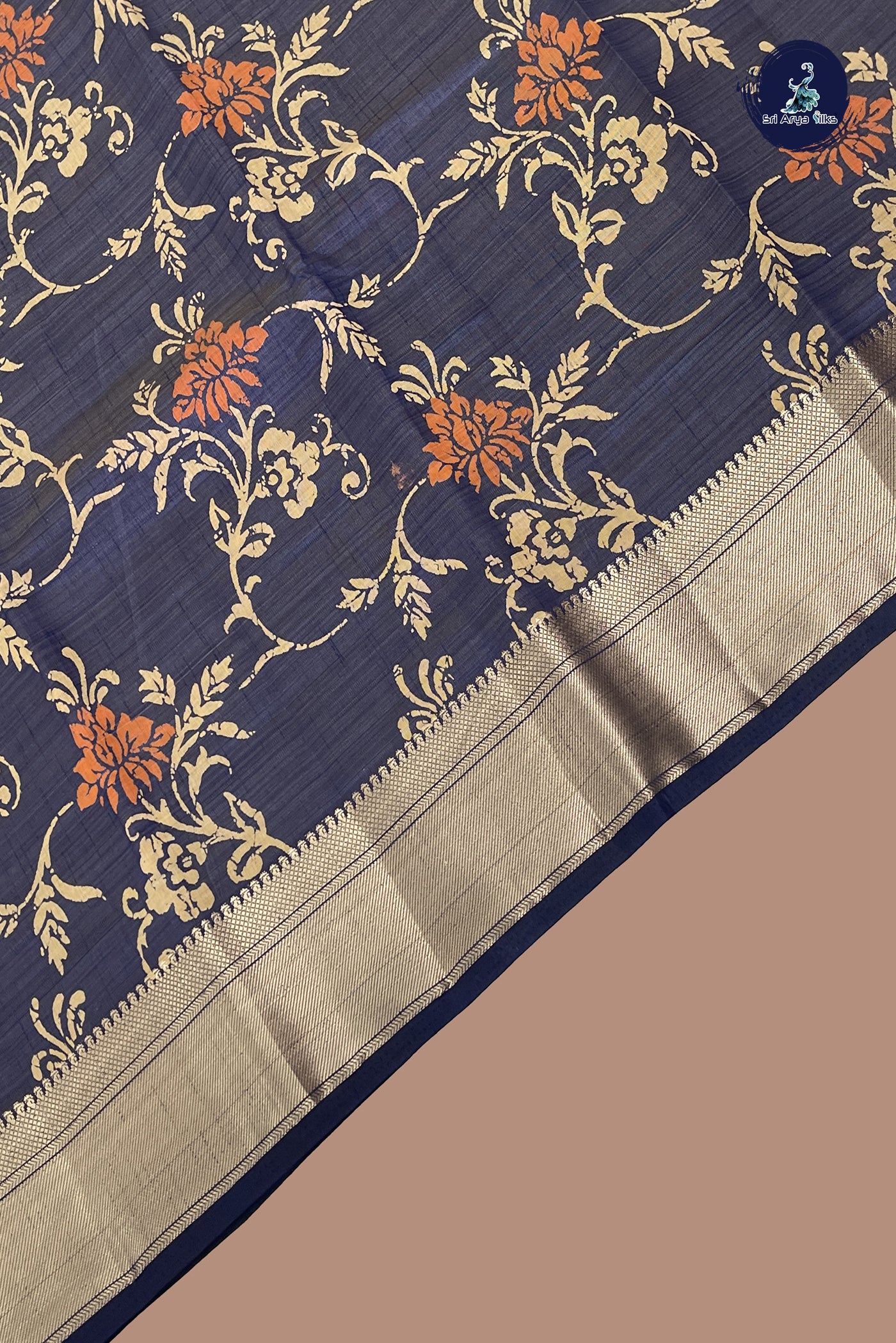 Dark Blue Semi Tussar Saree With Printed Pattern