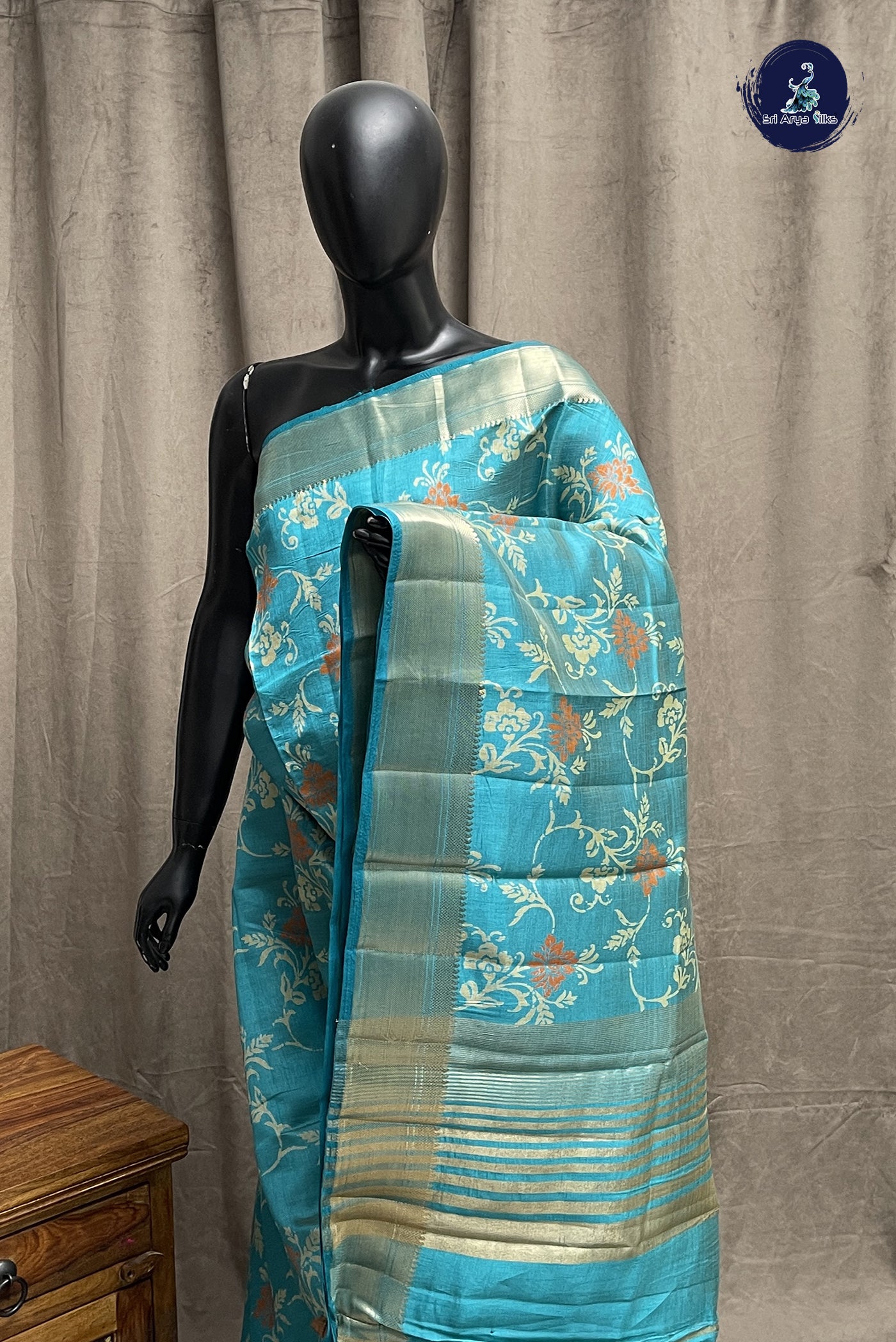 Blue Semi Tussar Saree With Printed Pattern