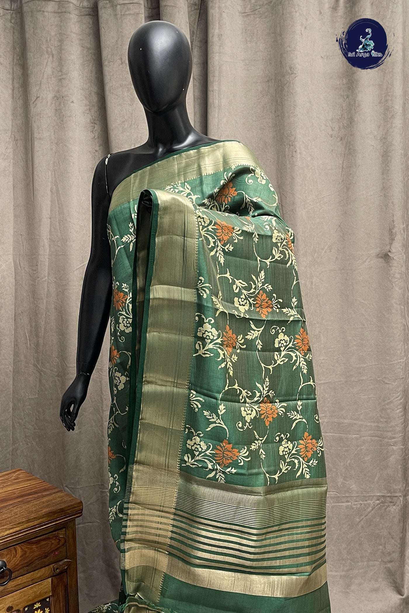 Dark Green Semi Tussar Saree With Printed Pattern