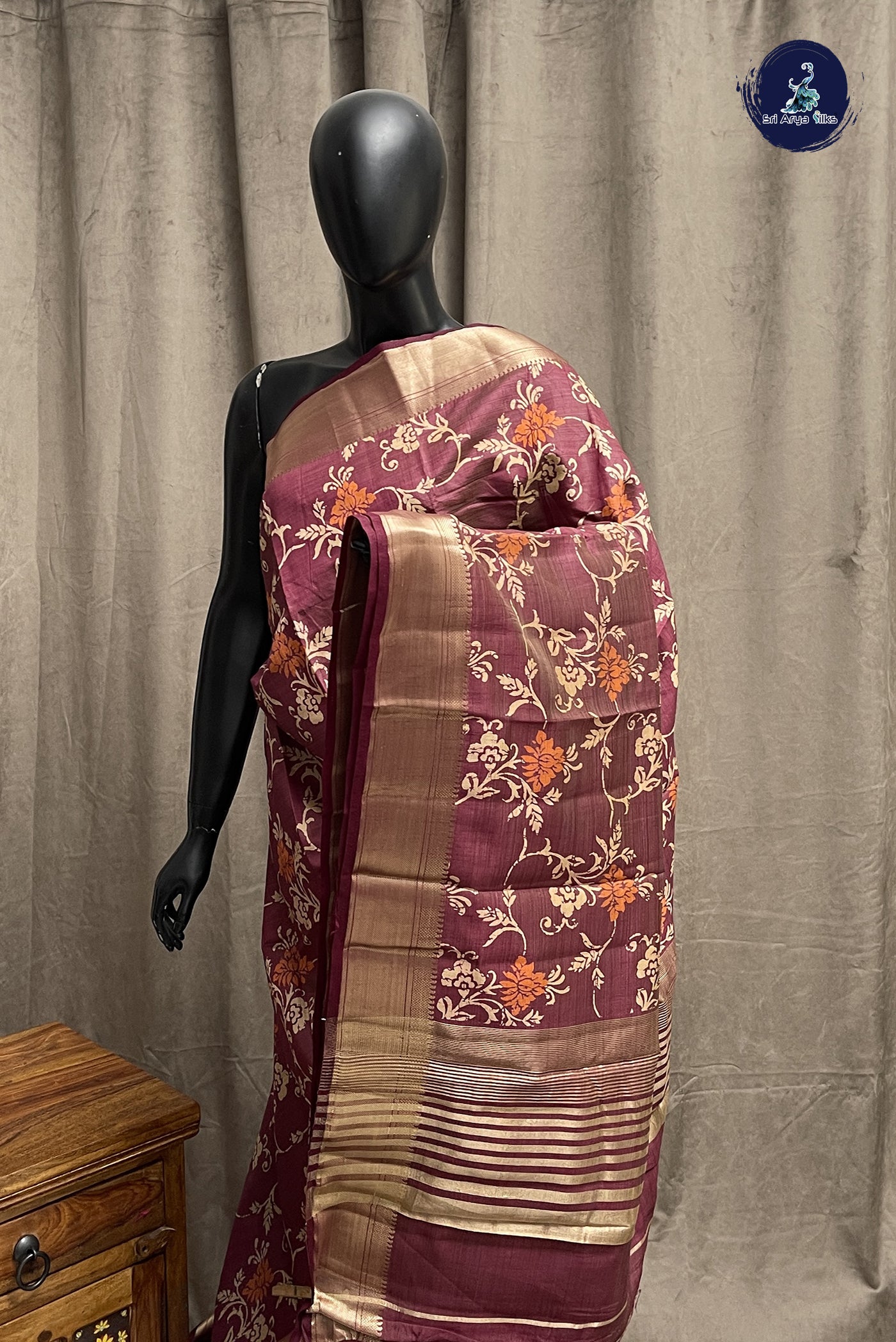 Burgundy Semi Tussar Saree With Printed Pattern