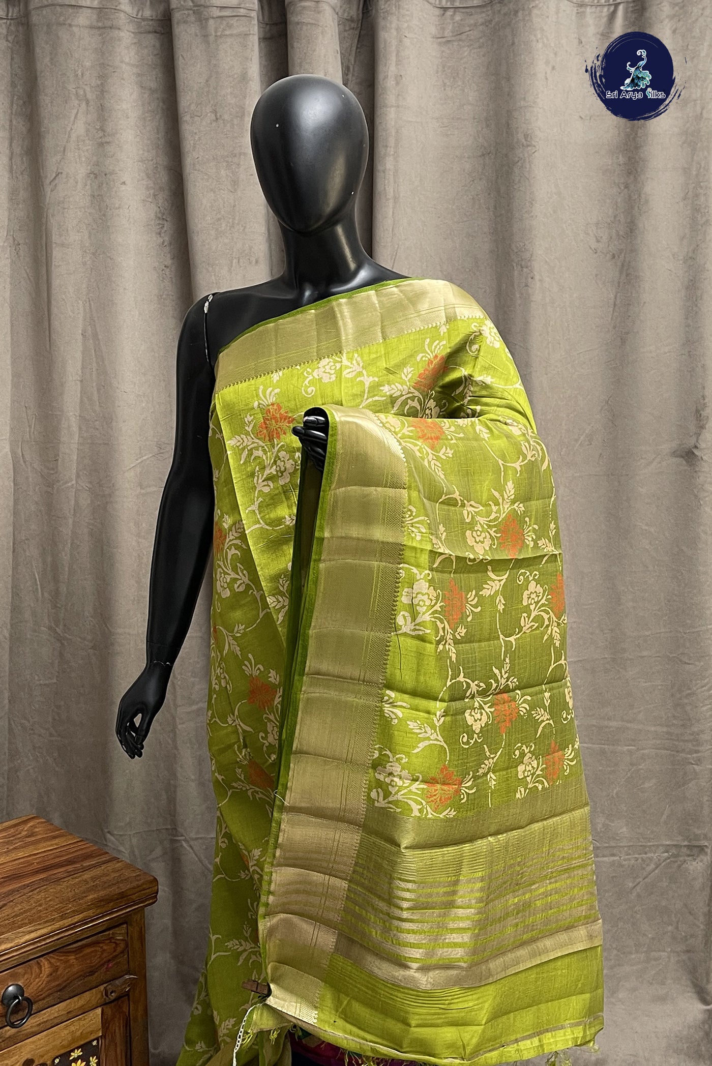 Lime Green Semi Tussar Saree With Printed Pattern