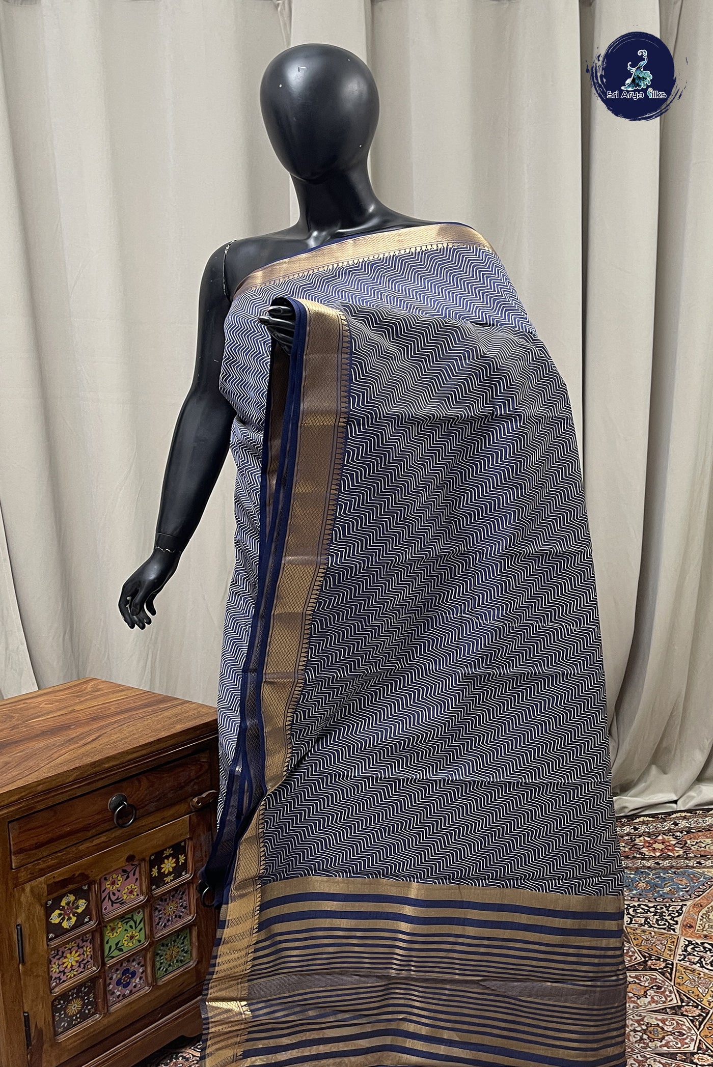 Dark Blue Semi Tussar Saree With Printed Pattern