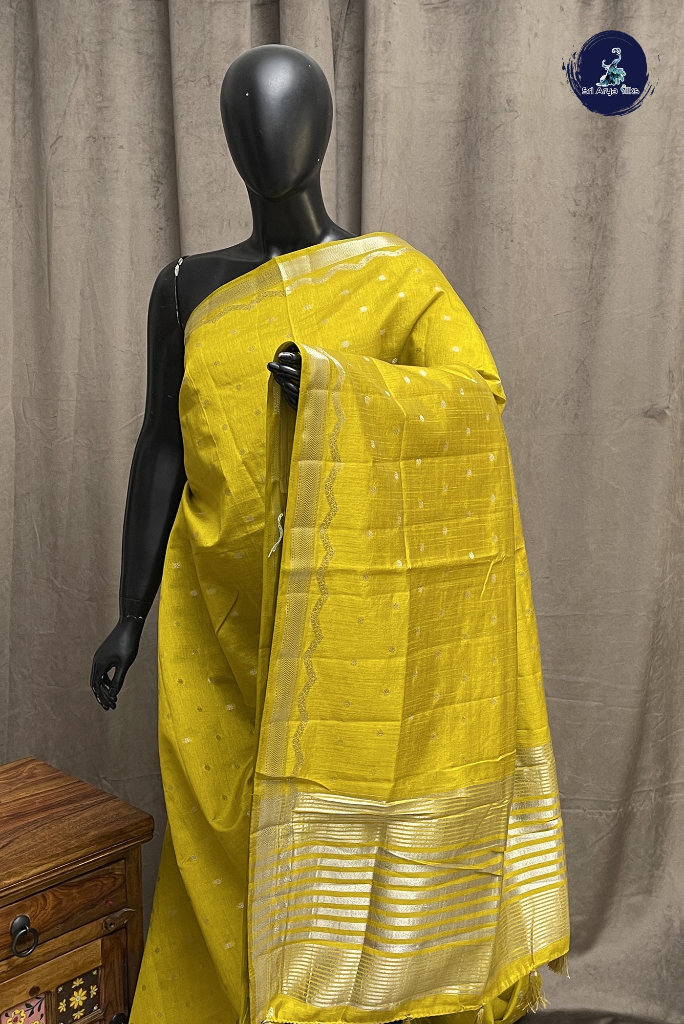 Mustard Yellow Semi Tussar Saree With Zari Buttas Pattern
