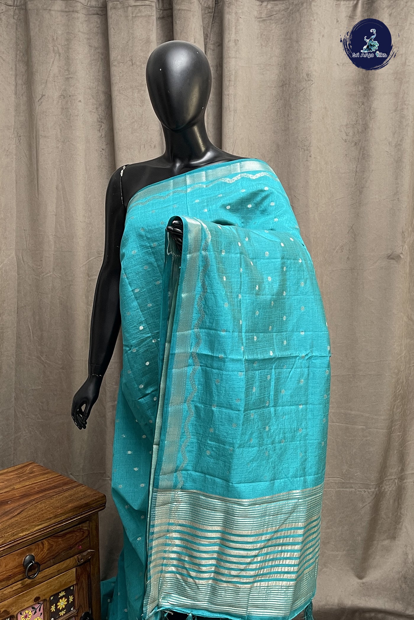 Teal Blue Semi Tussar Saree With Zari Buttas Pattern