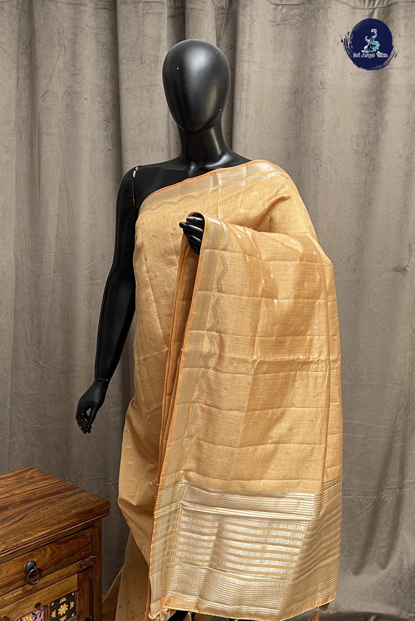 Beige Pink Semi Tussar Saree With Zari Buttas Pattern