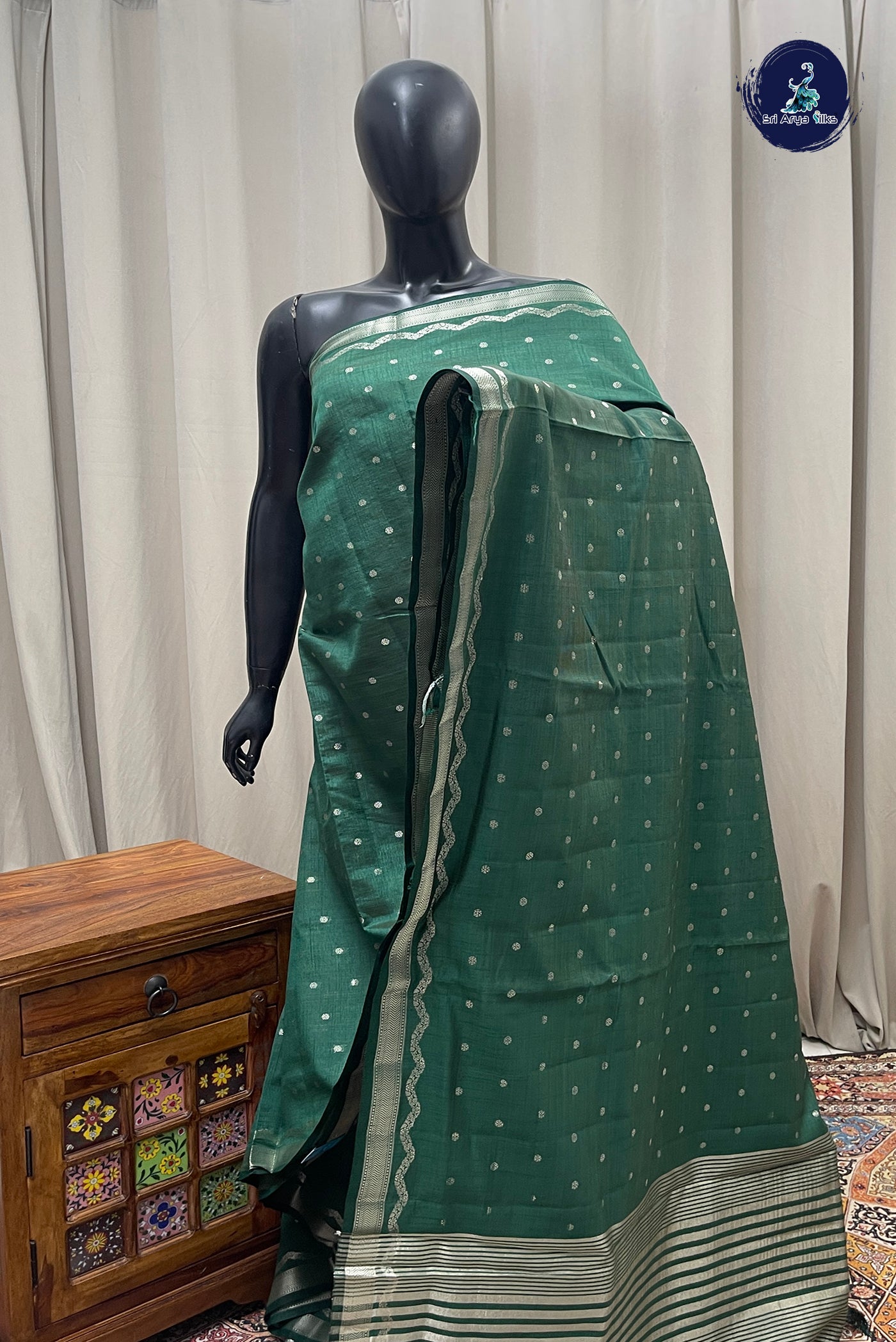 Dark Green Semi Tussar Saree With Zari Buttas Pattern