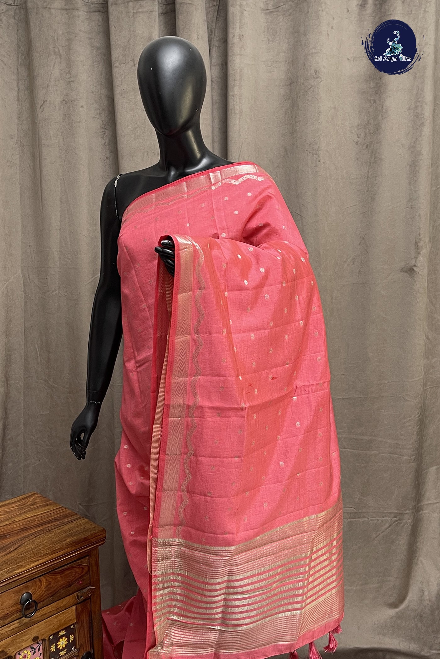 Peach Pink Semi Tussar Saree With Zari Buttas Pattern