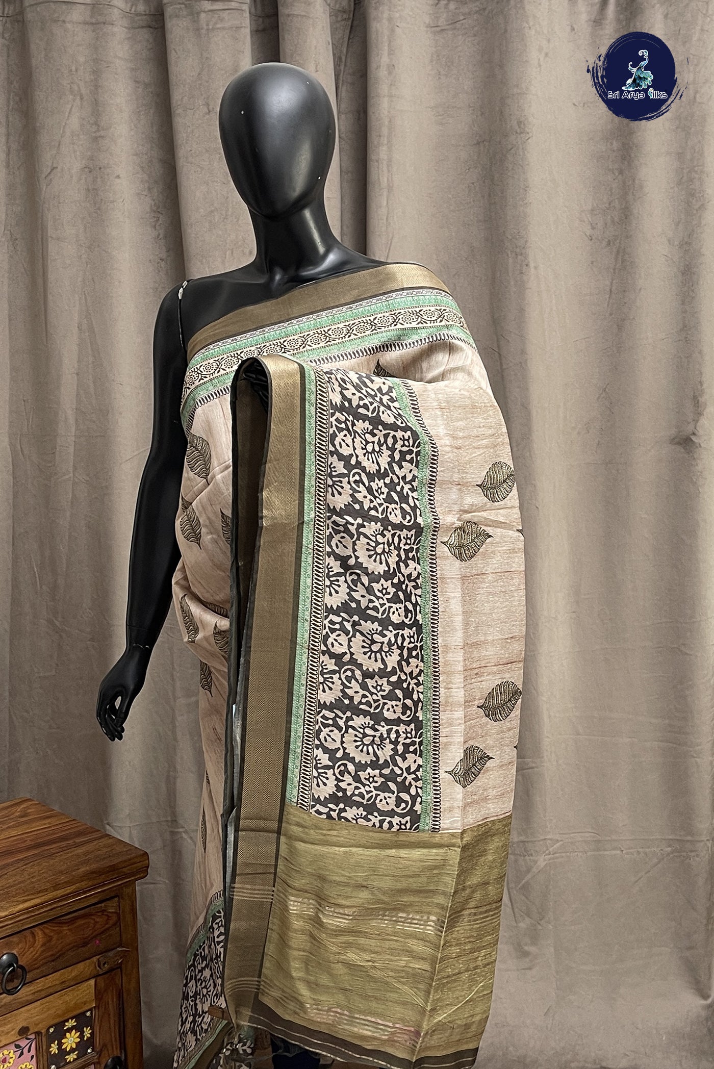 Beige Semi Chanderi Saree With Printed Pattern
