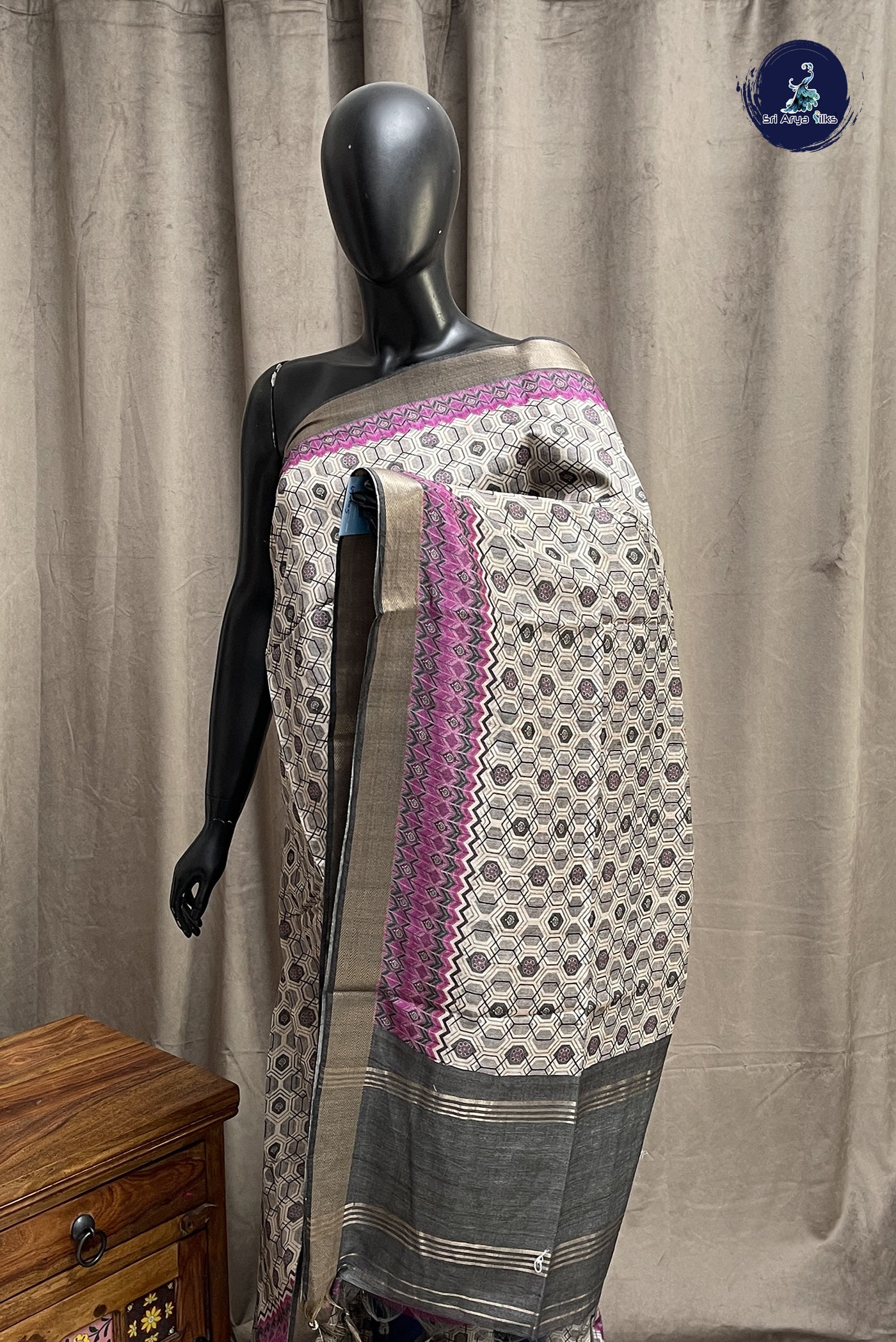 Chikku Shade Semi Chanderi Saree With Printed Pattern