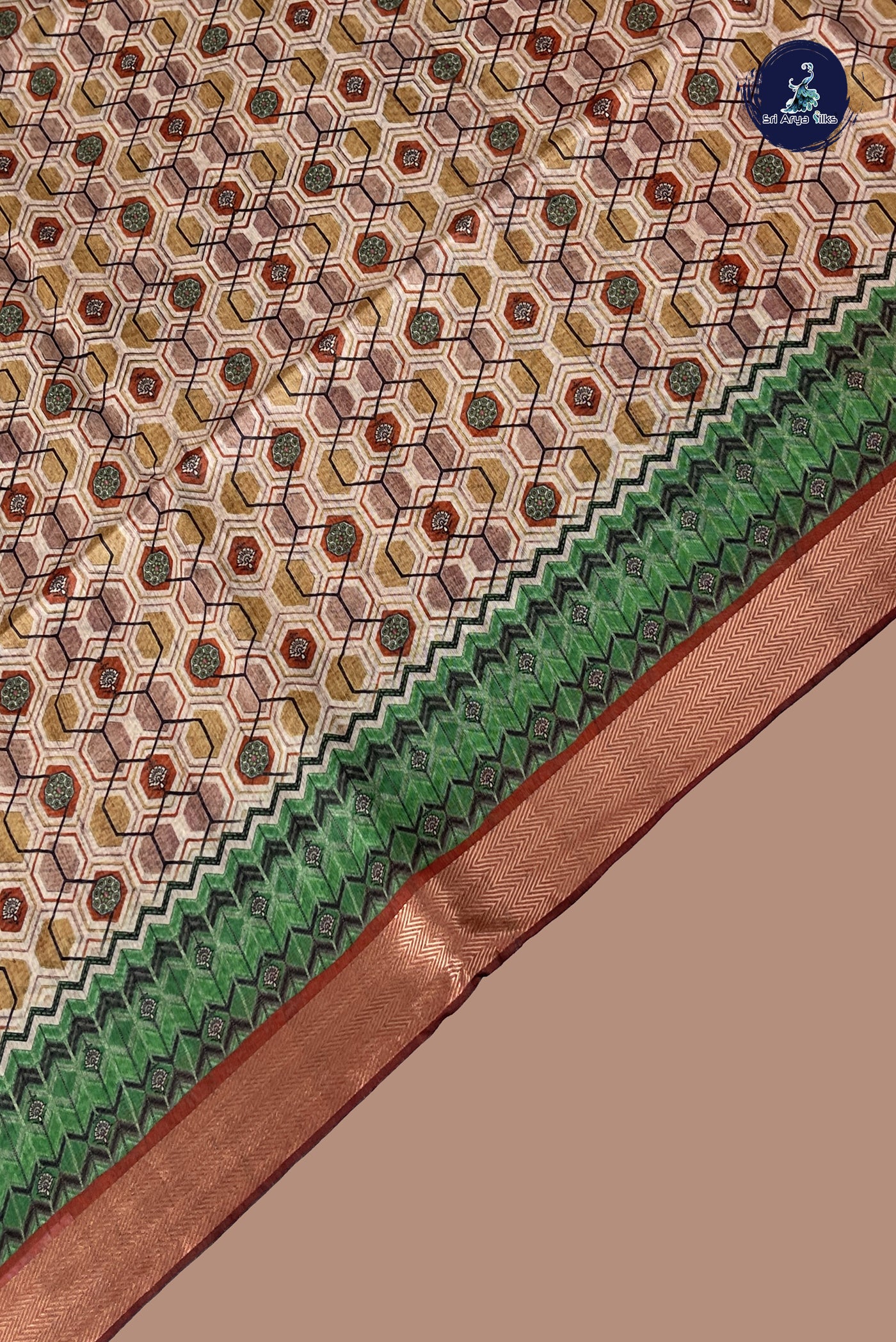 Chikku Shade Semi Chanderi Saree With Printed Pattern