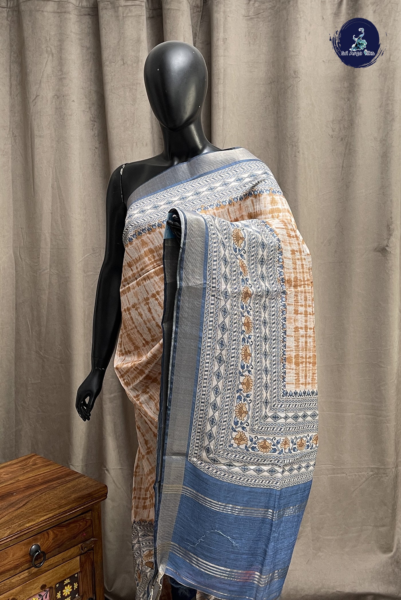 Mustard Semi Chanderi Saree With Shibori Print Pattern