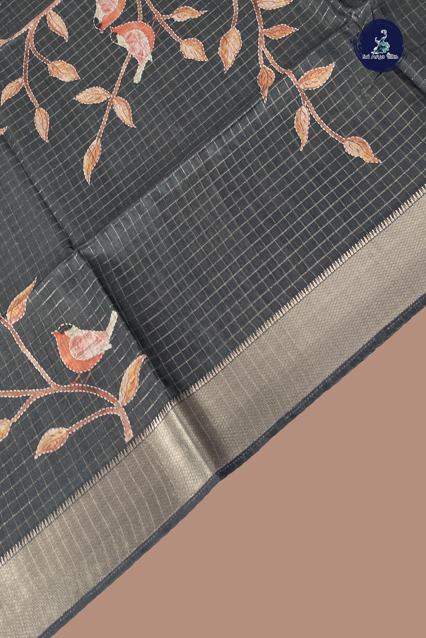 Green Semi Raw Silk Saree With Checked Pattern