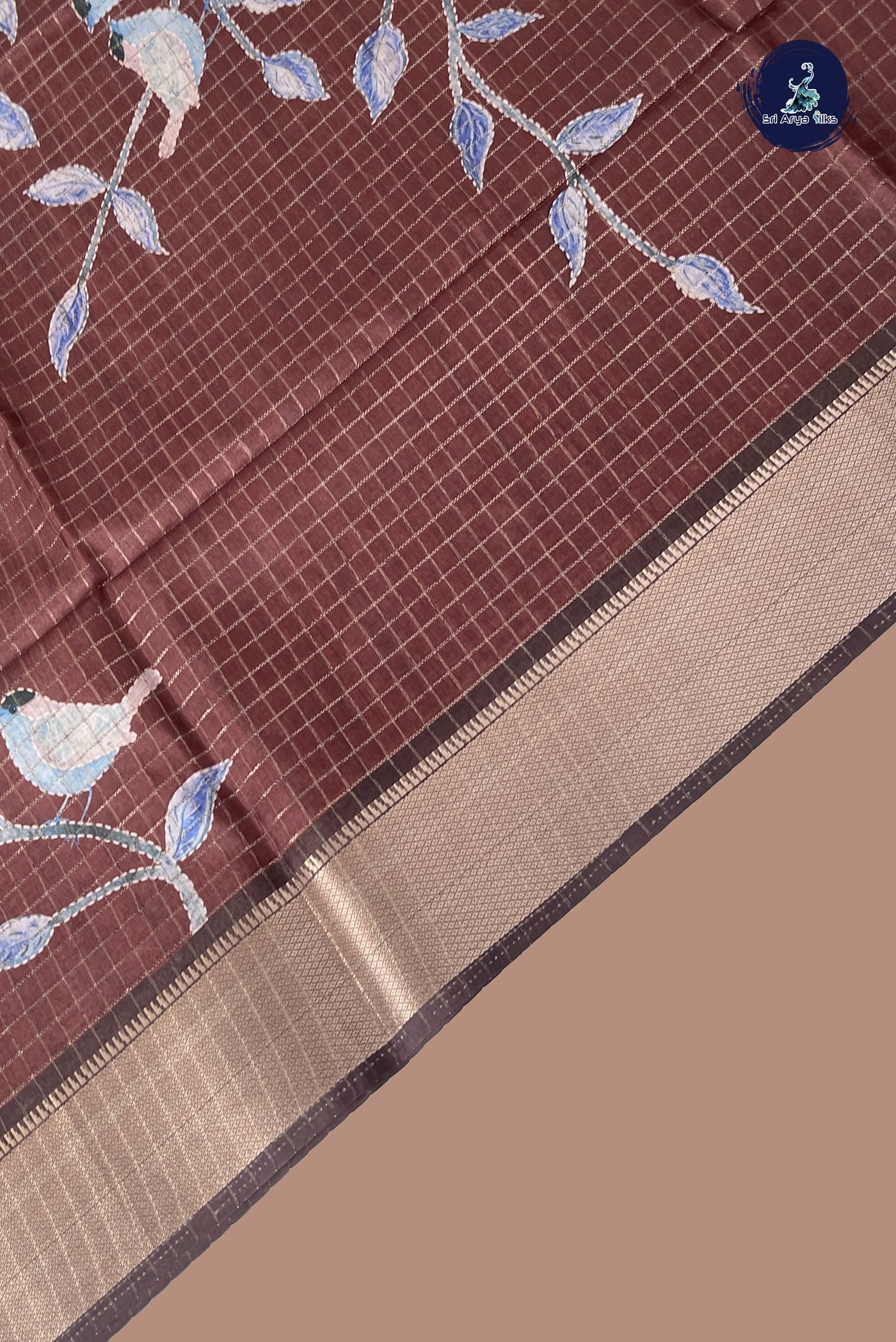 Brown Semi Raw Silk Saree With Checked Pattern