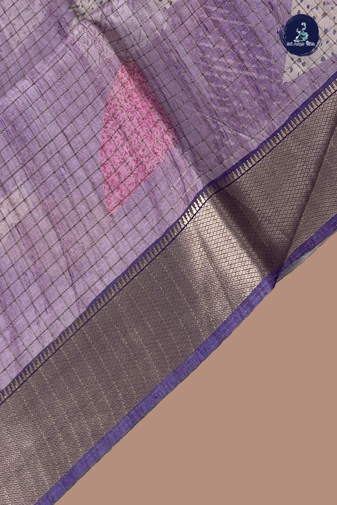 Lavender Semi Raw Silk Saree With Checked Pattern